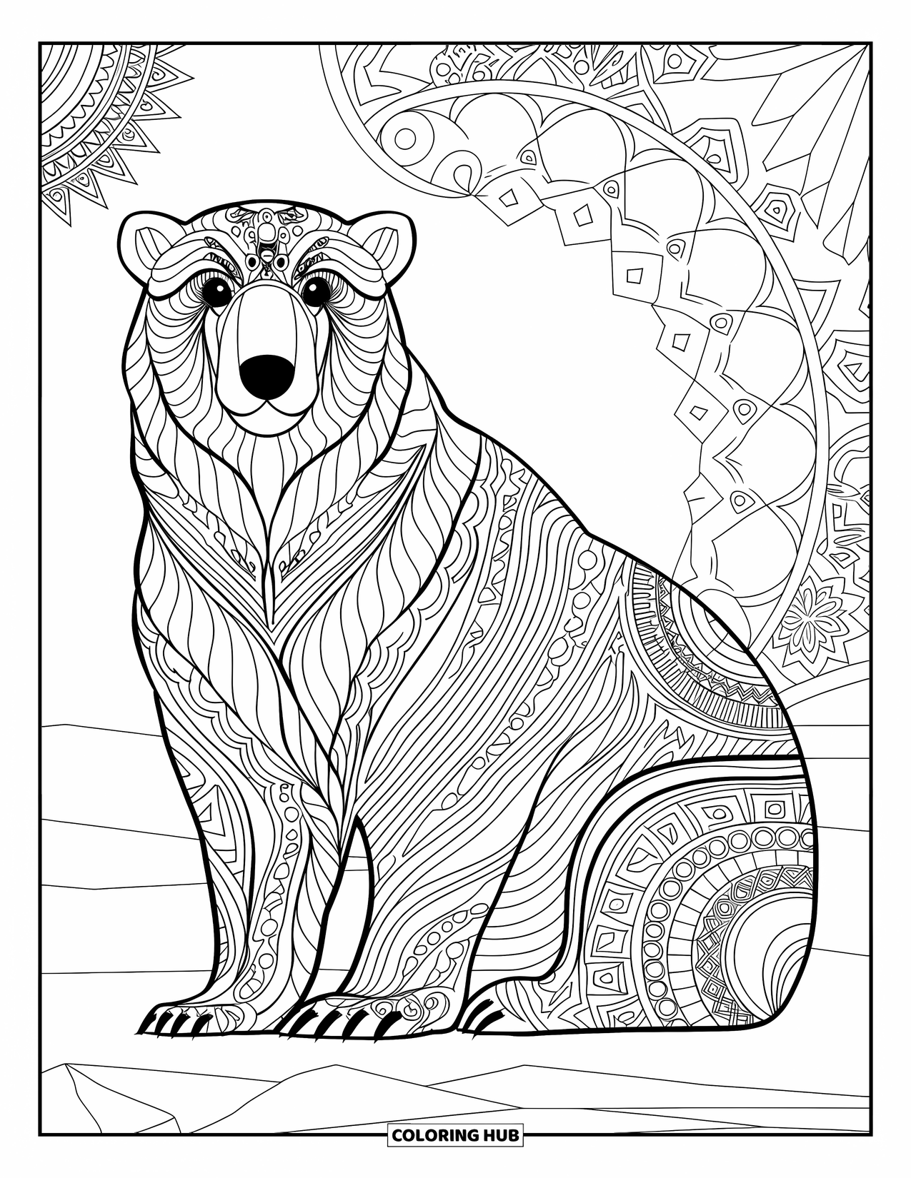 Kolorowanka z niedźwiedziem polarnym dla dorosłych: Artystyczny niedźwiedź polarny z eleganckimi detalami mandali, odpoczywający w zimowej scenerii
