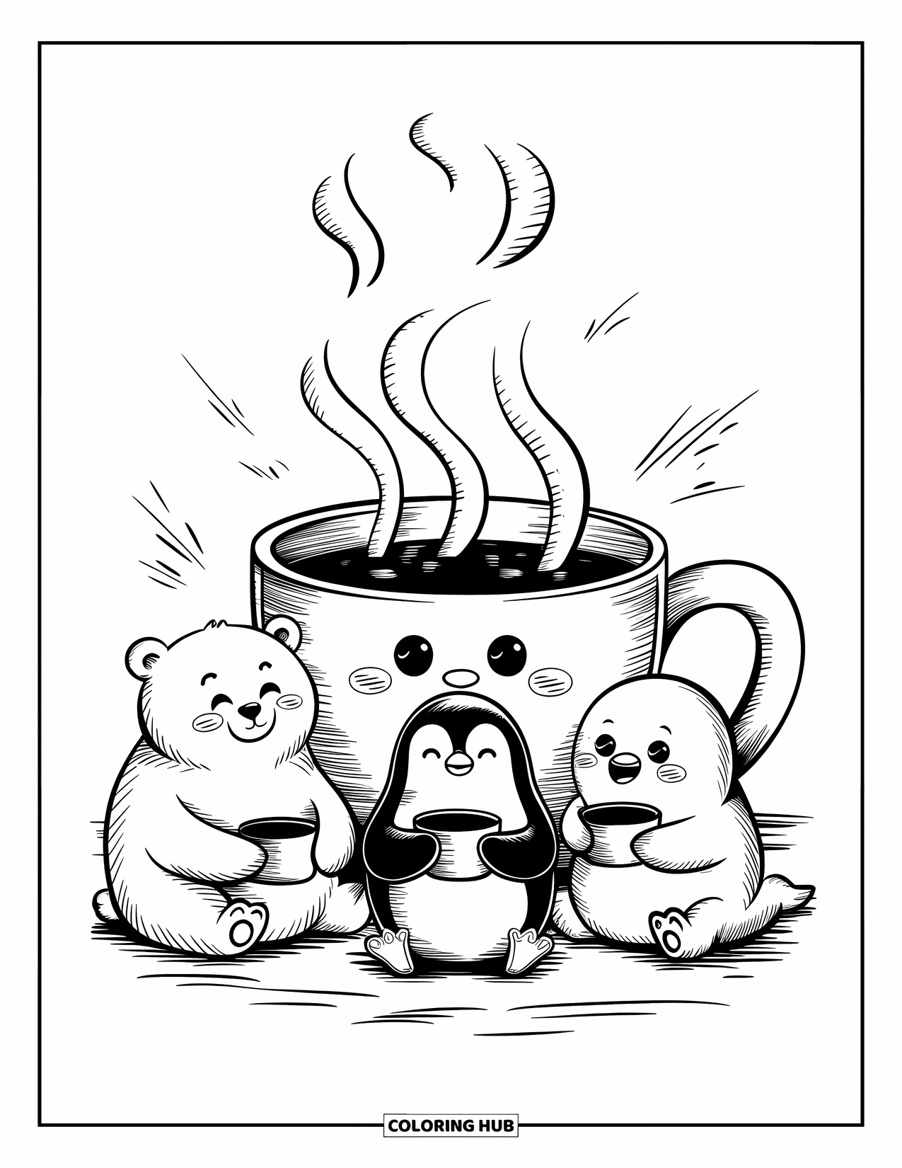 Kolorowanka z niedźwiedziem polarnym dla dorosłych: Trzej arktyczni przyjaciele dzielą się ciepłym napojem, otuleni przytulnym szczęściem