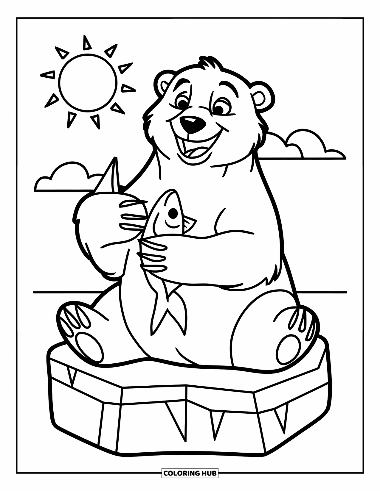 Kolorowanka z niedźwiedziem polarnym dla dzieci: Wesoły niedźwiedź polarny siedzi na kostce lodu, z rybą w łapie
