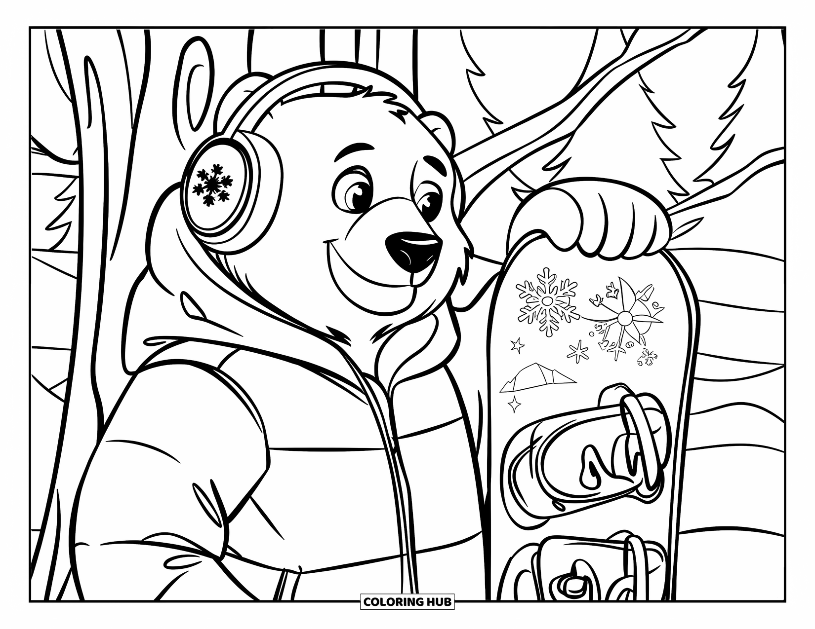 Kolorowanka z niedźwiedziem polarnym dla dzieci: Fajny niedźwiedź polarny opiera się o drzewo, gotowy do szaleństwa na stoku