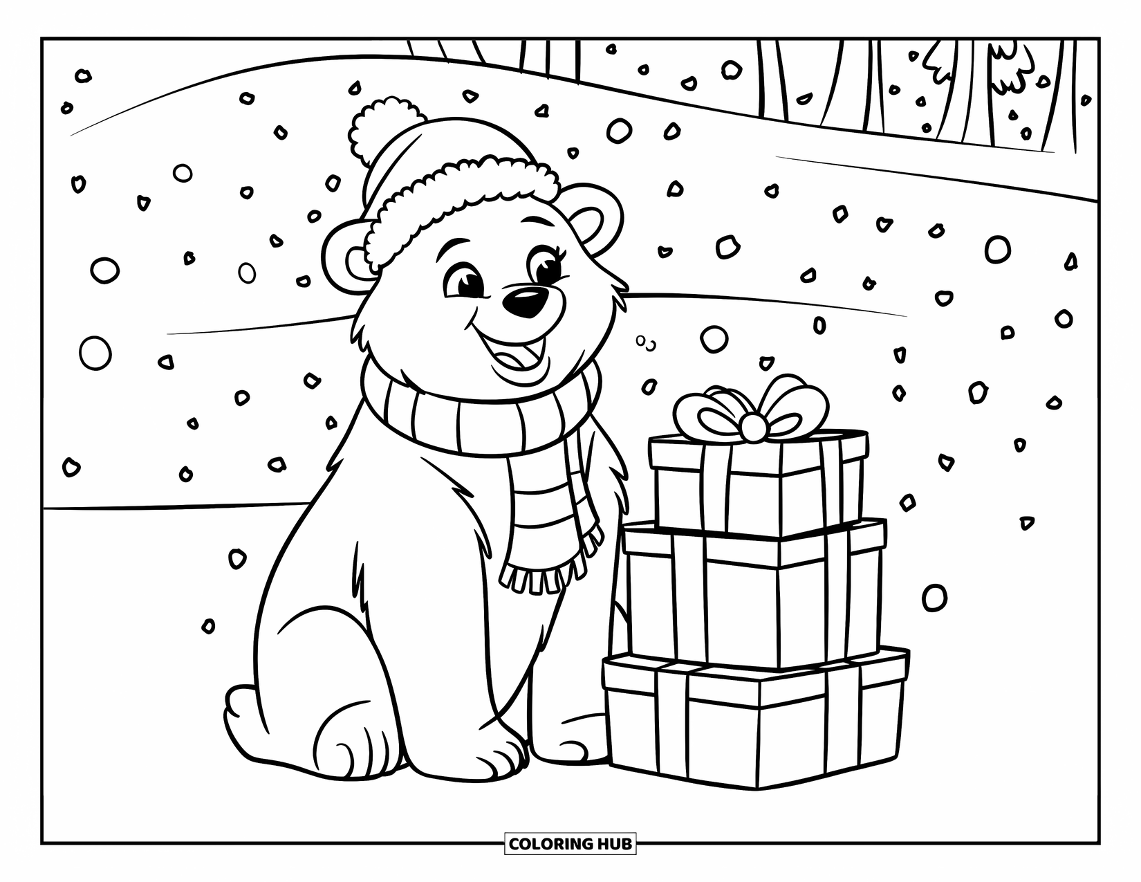Kolorowanka z niedźwiedziem polarnym dla dzieci: Przytulny niedźwiedź polarny otulony prezentami, otoczony delikatnie padającym śniegiem