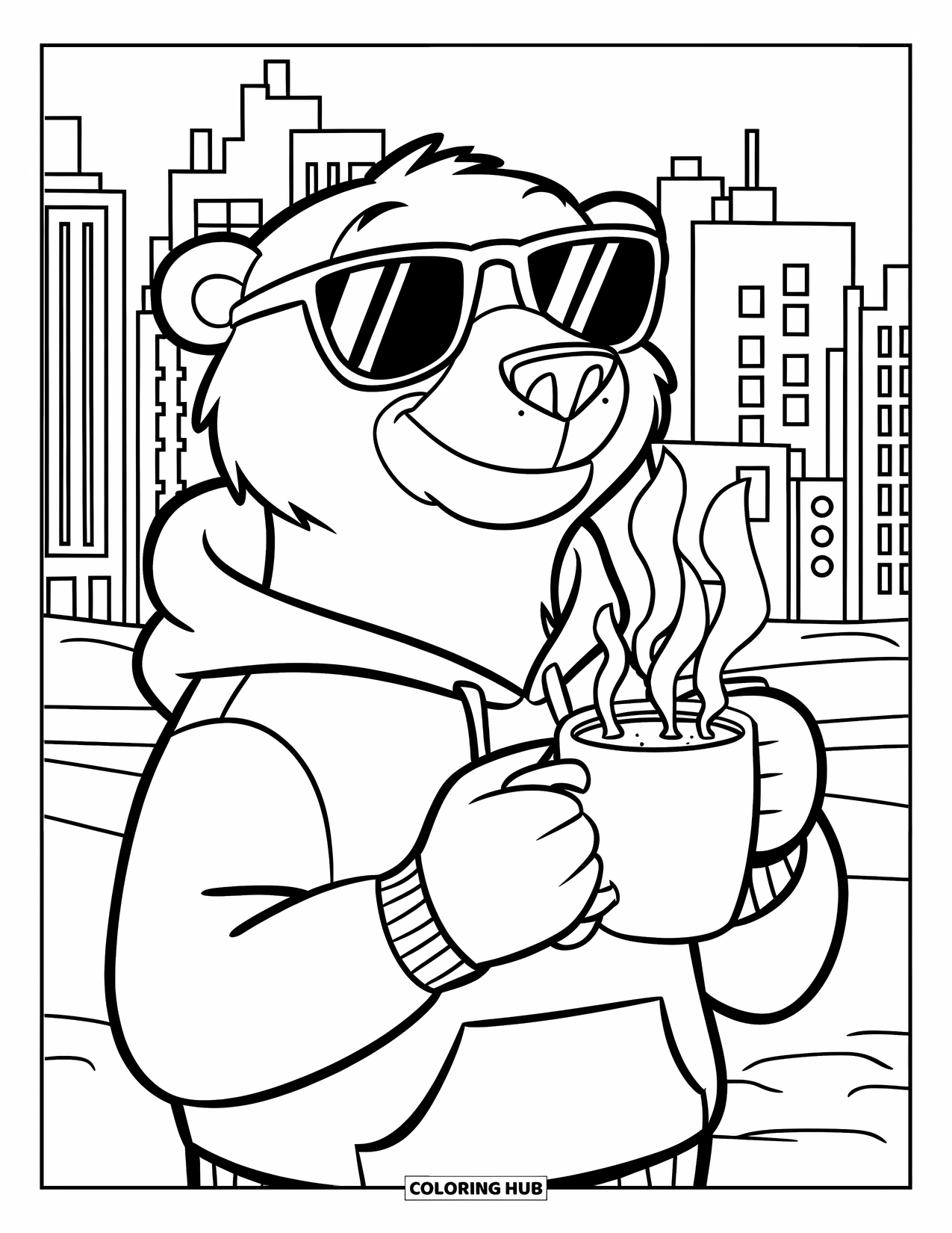 Kolorowanka z niedźwiedziem polarnym dla dzieci: Modny niedźwiedź polarny otulony ciepłym kubkiem, otoczony śniegiem