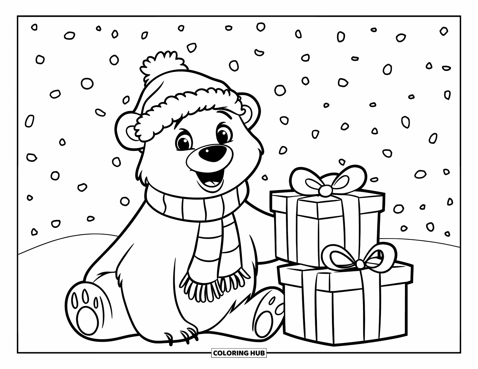 Kolorowanka z niedźwiedziem polarnym dla dzieci: Świąteczny niedźwiedź polarny siedzi obok zapakowanych prezentów w śnieżnym krajobrazie