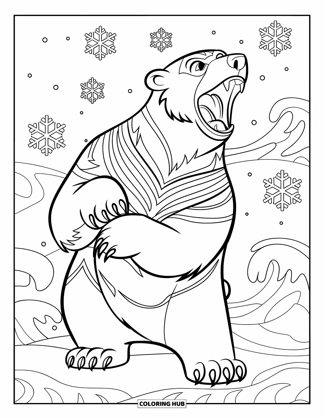 Kolorowanka z niedźwiedziem polarnym dla dzieci: Groźny, ale przyjazny niedźwiedź polarny, którego futro jest ozdobione skomplikowanymi arktycznymi wzorami