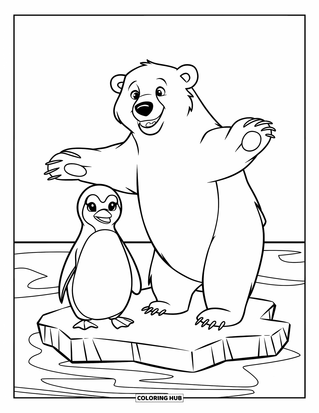 Kolorowanka z niedźwiedziem polarnym dla dzieci: Przyjazny niedźwiedź polarny i pingwin stoją razem na małej górze lodowej