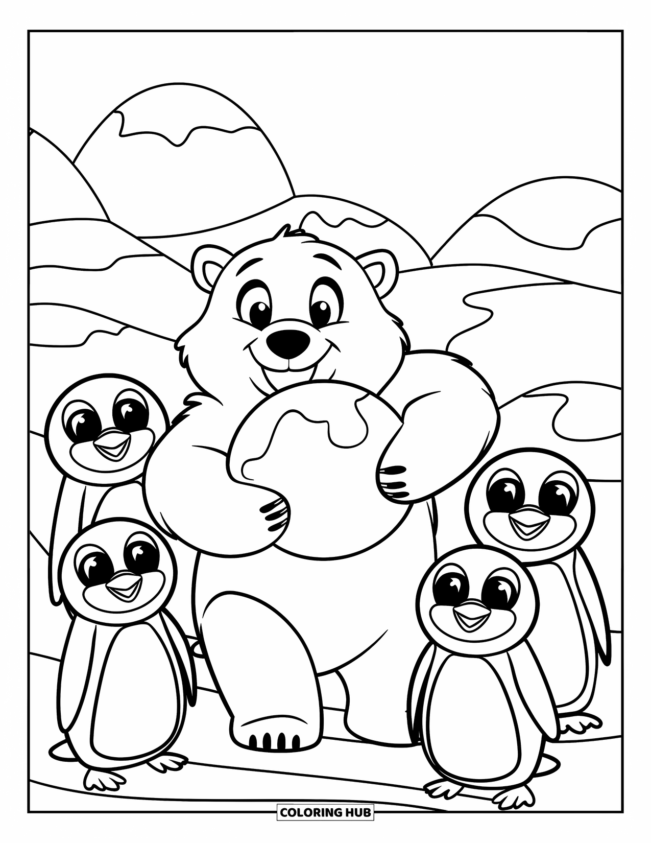 Kolorowanka z niedźwiedziem polarnym dla dzieci: Rozrywkowy niedźwiedź polarny bawi się z pingwinami, przygotowując się do bitwy na śnieżki