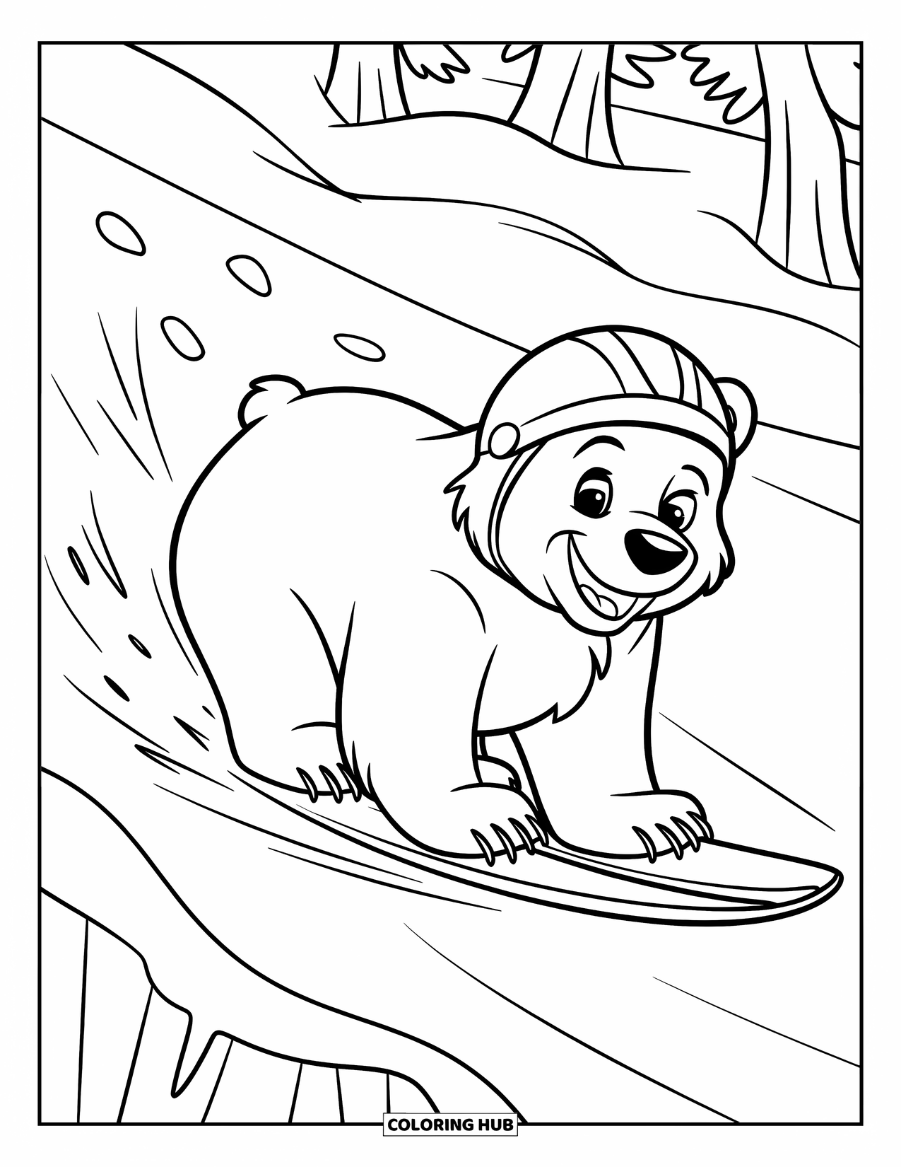Kolorowanka z niedźwiedziem polarnym dla dzieci: Radosny niedźwiedź polarny zjeżdża po śnieżnym wzgórzu, zostawiając za sobą ślady