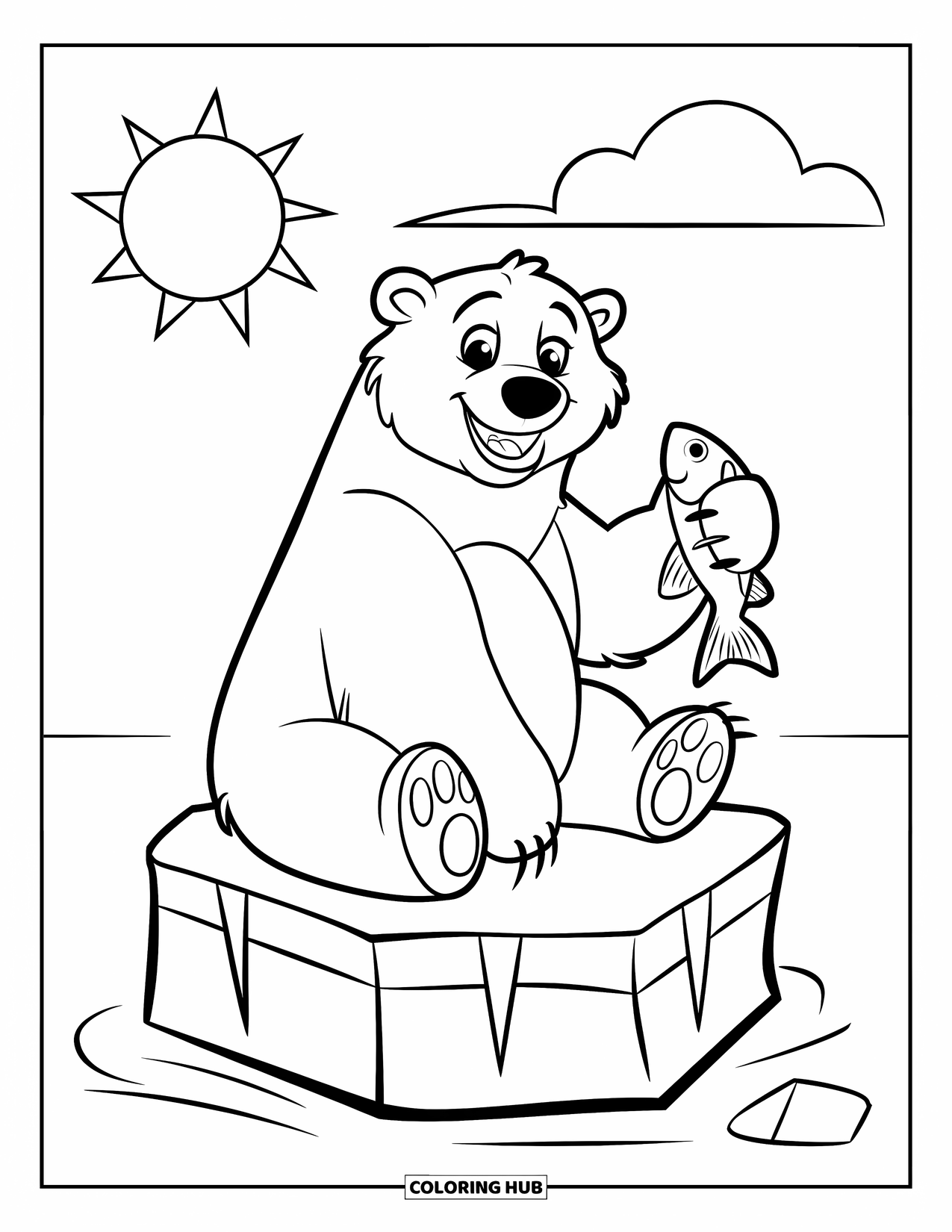 Kolorowanka z niedźwiedziem polarnym dla dzieci: Radosny niedźwiedź polarny siedzi na kostce lodu, trzymając rybę z szerokim uśmiechem