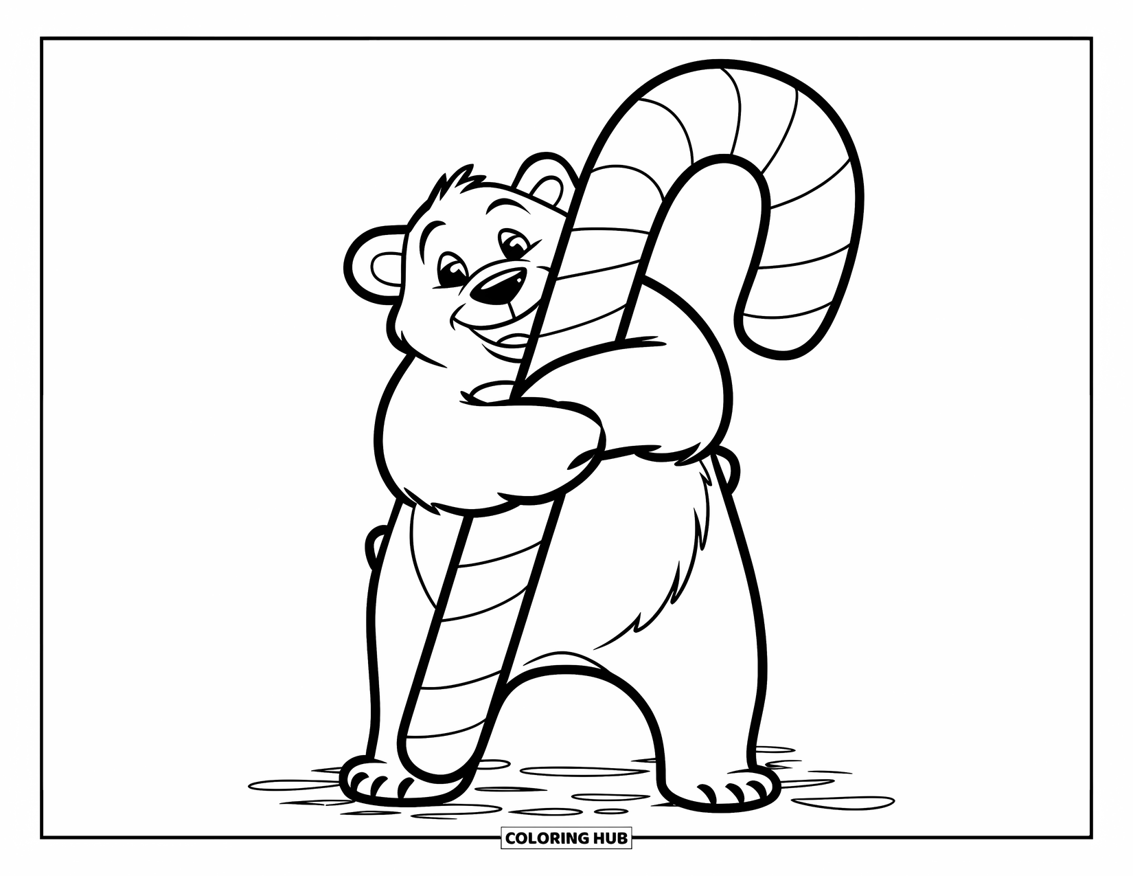 Kolorowanka z niedźwiedziem polarnym dla dzieci: Radosny niedźwiedź polarny przytula laskę cukrową z ciepłą i świąteczną atmosferą