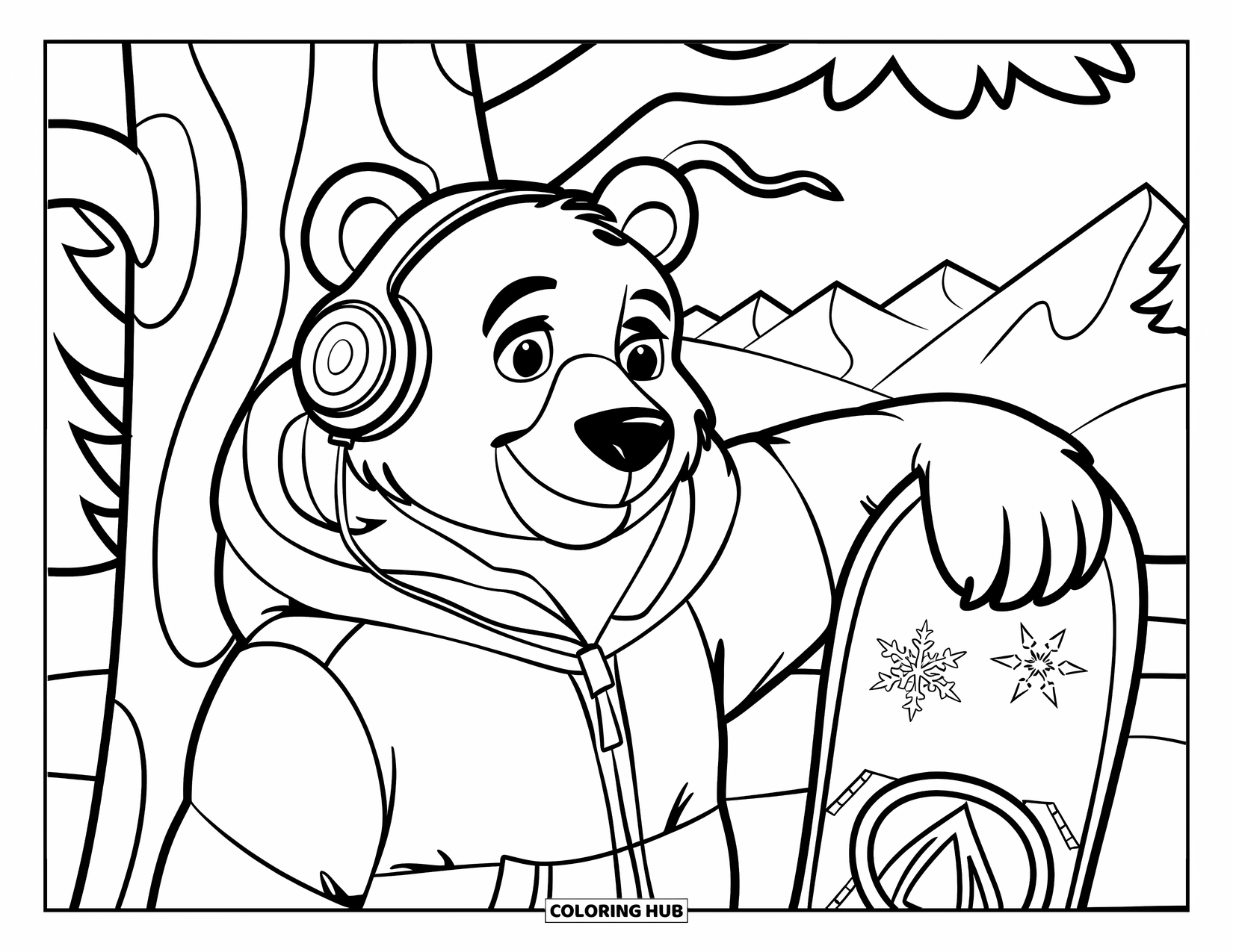 Kolorowanka z niedźwiedziem polarnym dla dzieci: Wyluzowany niedźwiedź polarny relaksuje się ze swoją deską snowboardową, ubrany w ciepły zimowy strój