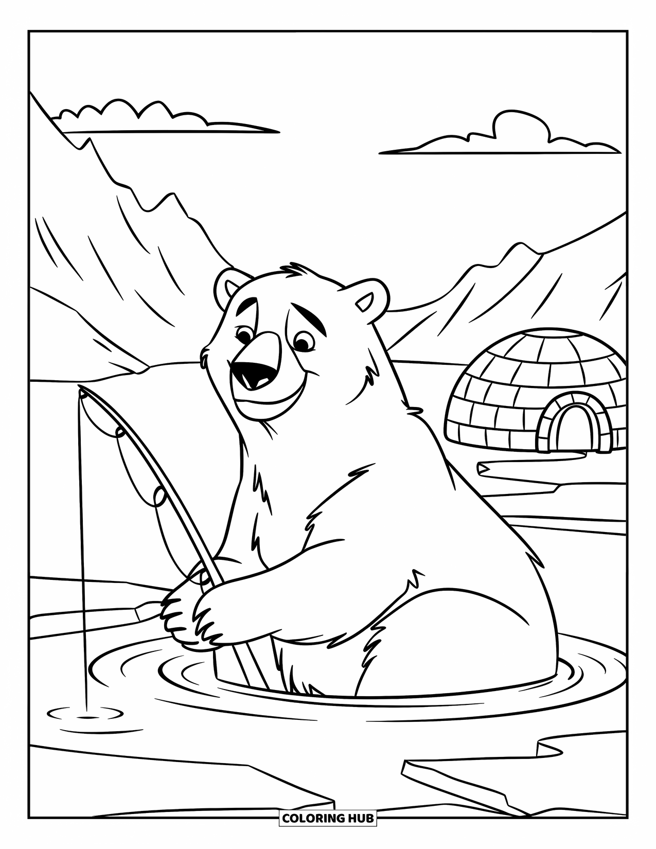 Kolorowanka z niedźwiedziem polarnym dla dzieci: Cierpliwy niedźwiedź polarny czeka na zdobycz, otoczony górami lodowymi i górami