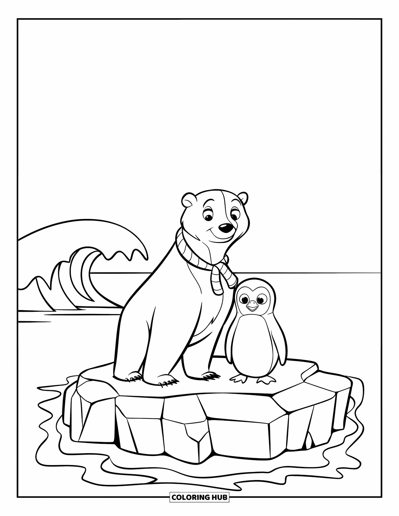 Kolorowanka z niedźwiedziem polarnym dla dzieci: Figlarny niedźwiedź polarny i pingwin miło spędzają czas na pływającej bryle lodu