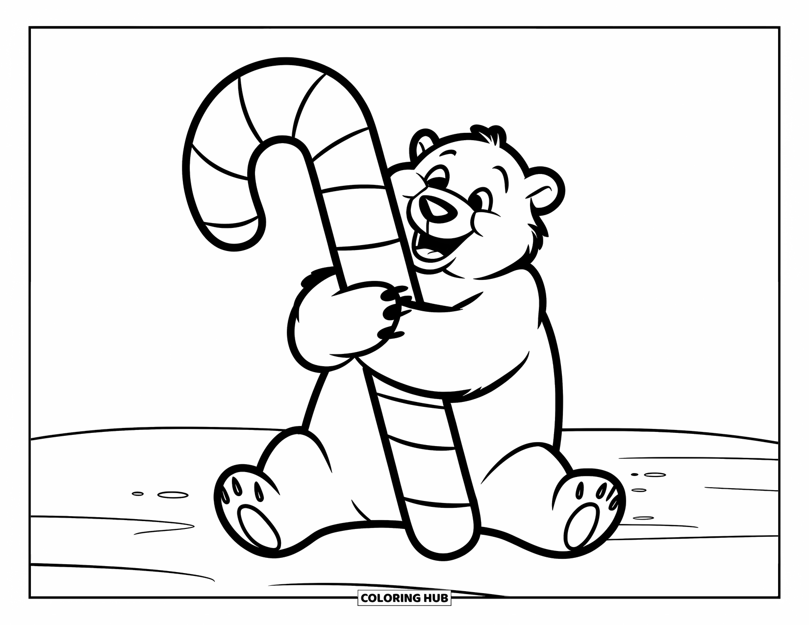 Kolorowanka z niedźwiedziem polarnym dla dzieci: Figlarny niedźwiedź polarny trzyma laskę cukrową, stojąc na śnieżnej powierzchni