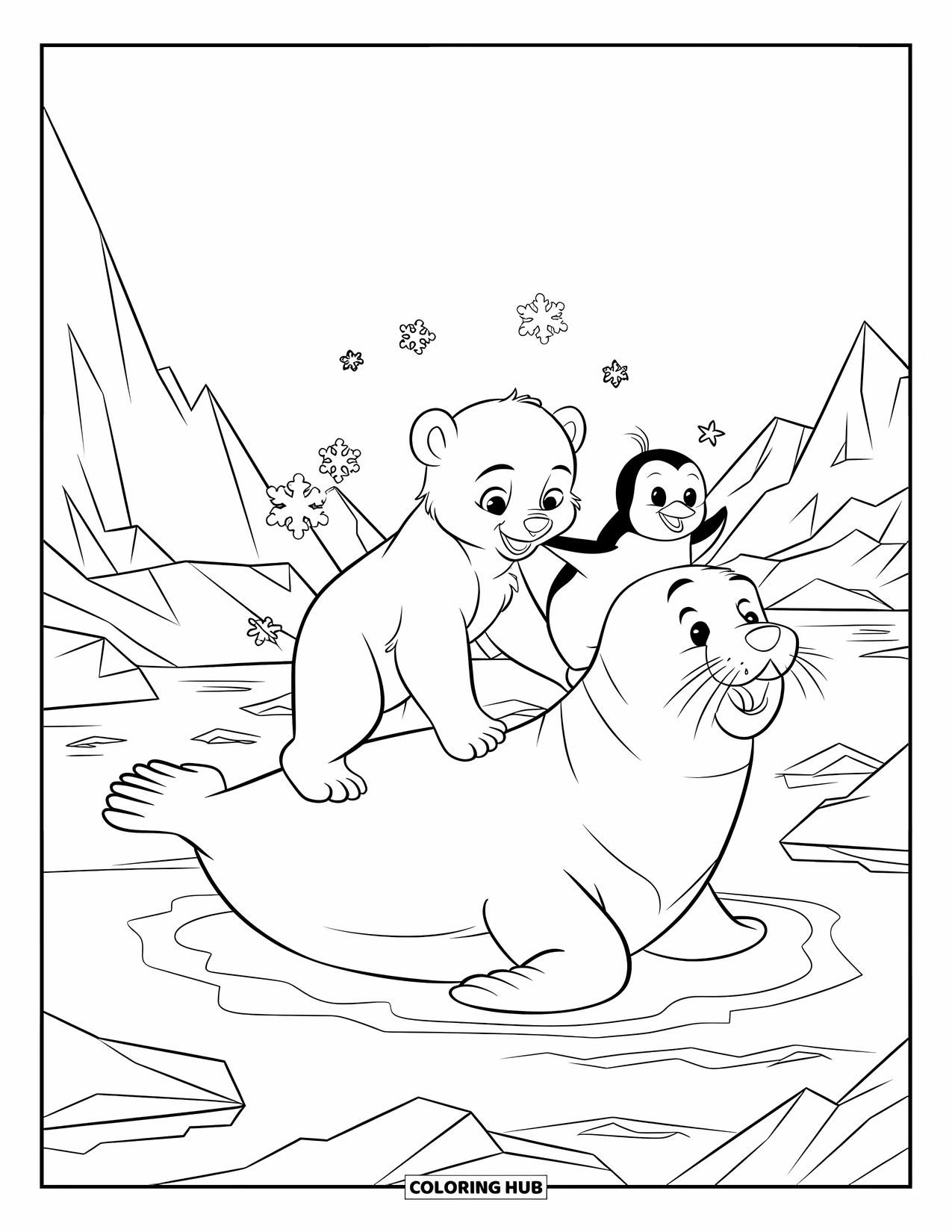 Kolorowanka z niedźwiedziem polarnym dla dzieci: Wesołe trio arktycznych przyjaciół – niedźwiedź polarny, foka i pingwin – bawią się w śniegu