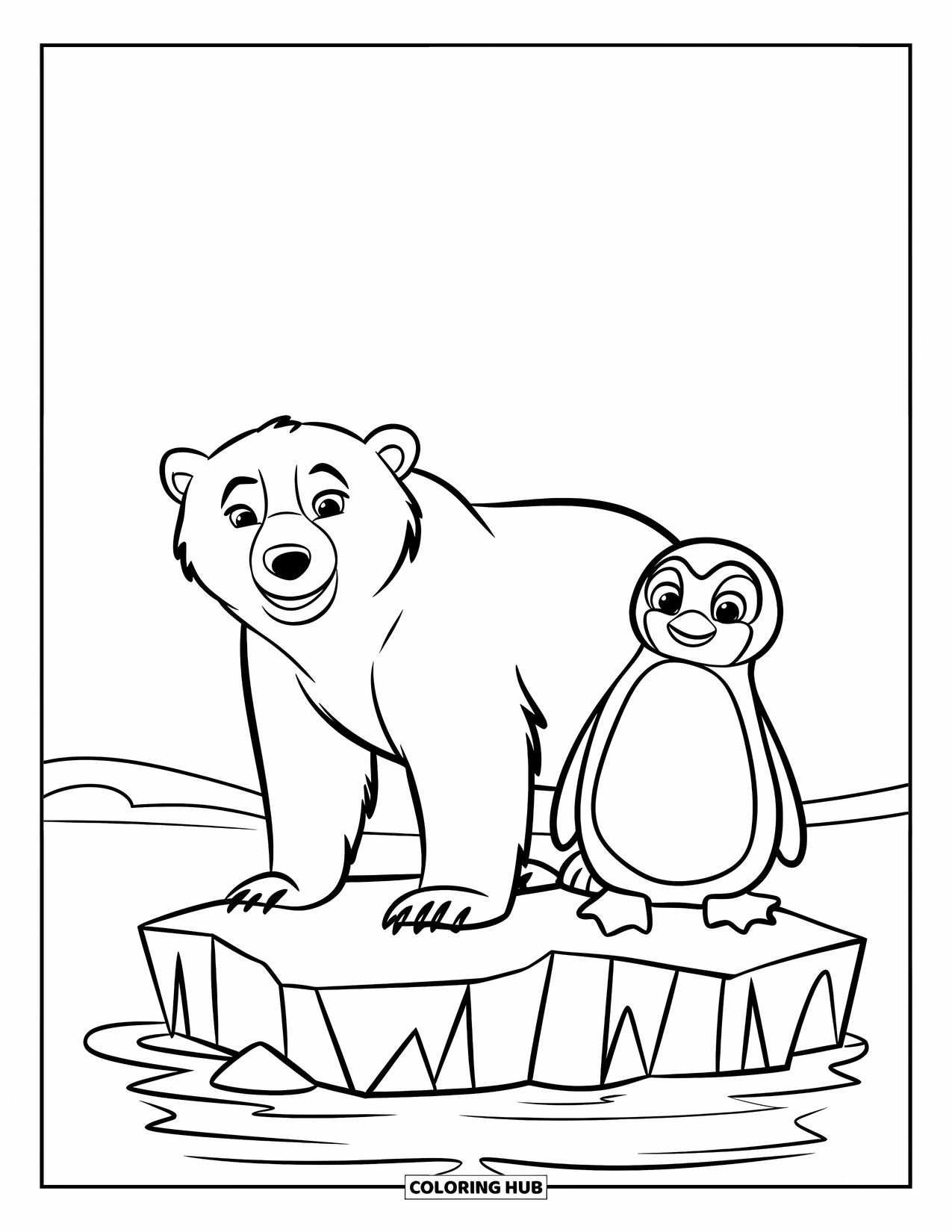 Kolorowanka z niedźwiedziem polarnym dla dzieci: Niedźwiedź polarny i pingwin balansują na górze lodowej w spokojnej arktycznej scenerii