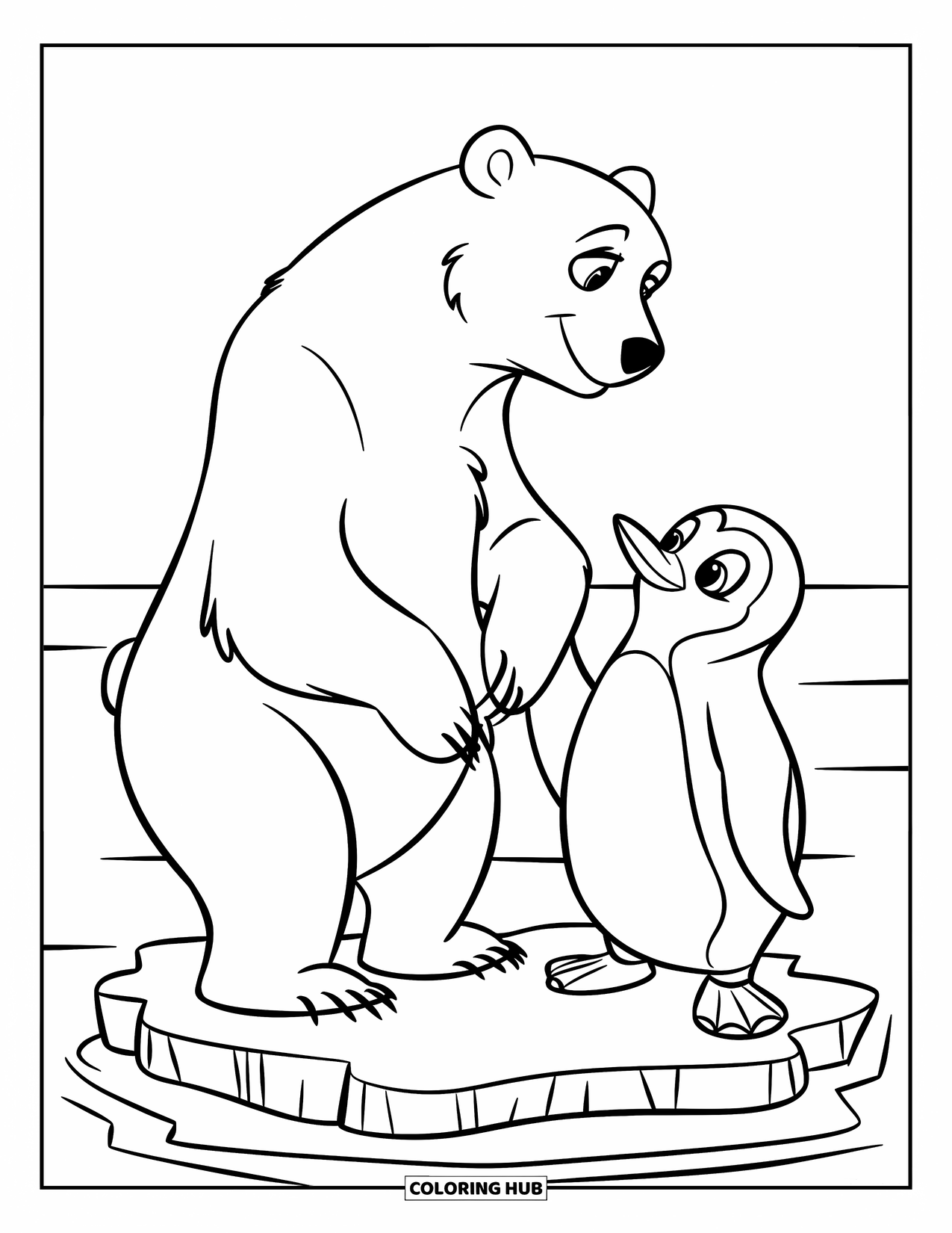 Kolorowanka z niedźwiedziem polarnym dla dzieci: Niedźwiedź polarny i pingwin dzielą chwilę na lodowej krze z falami oceanu