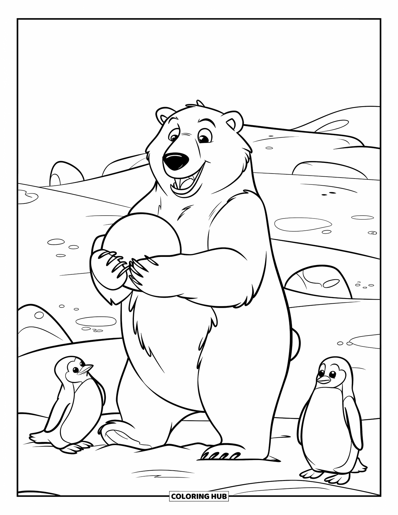 Kolorowanka z niedźwiedziem polarnym dla dzieci: Niedźwiedź polarny i pingwiny cieszą się zimową zabawą, z zaspami śnieżnymi w tle