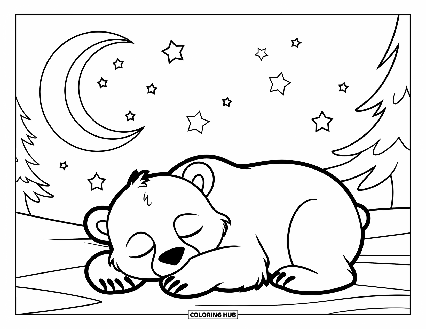 Kolorowanka z niedźwiedziem polarnym dla dzieci: Mały niedźwiadek polarny spokojnie śpi pod sierpem księżyca w śnieżnym krajobrazie