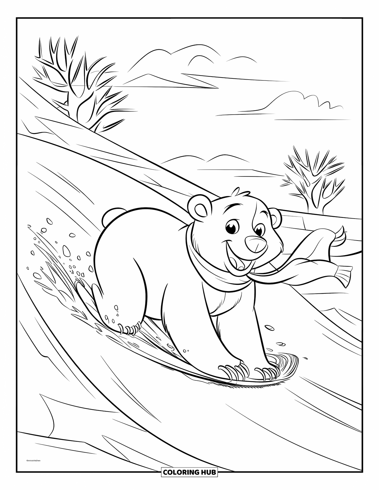 Kolorowanka z niedźwiedziem polarnym dla dzieci: Niedźwiedź polarny z radością zjeżdża po stromym, pokrytym śniegiem zboczu