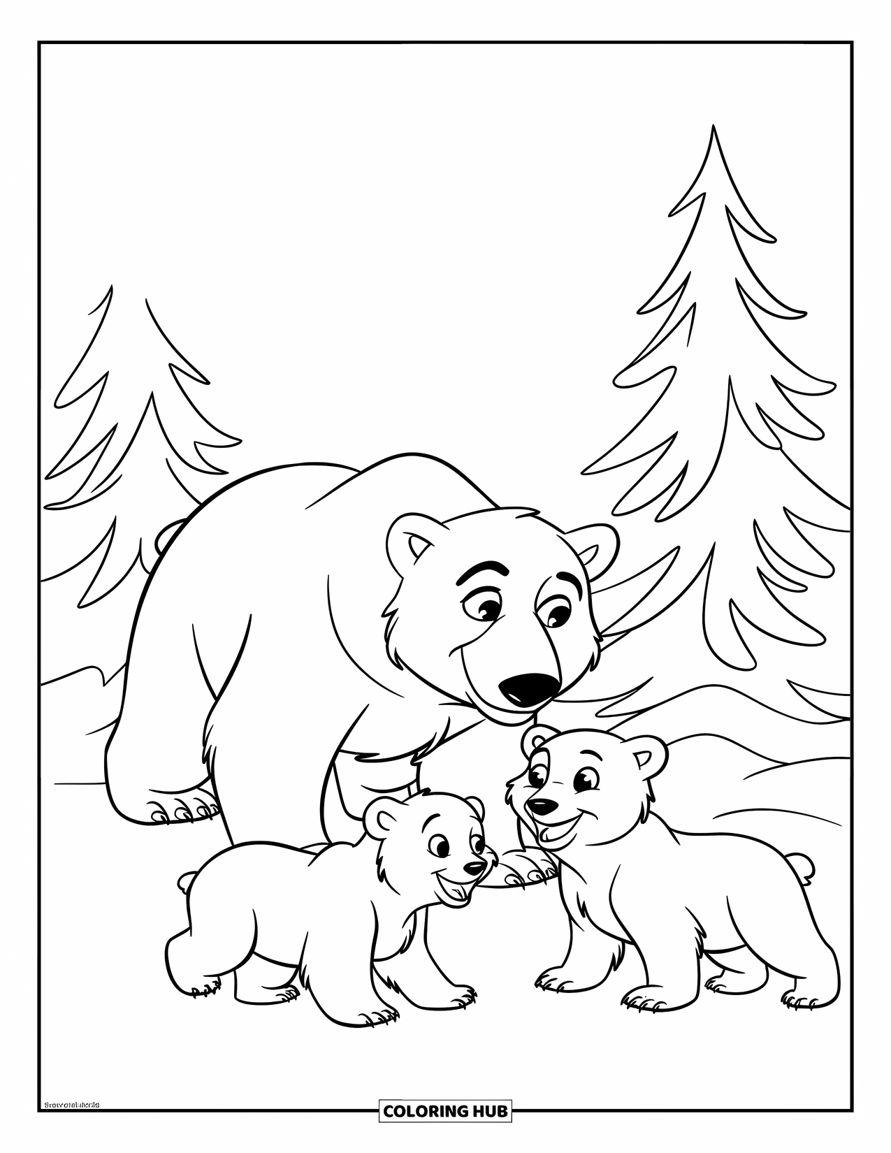 Kolorowanka z niedźwiedziem polarnym dla dzieci: Rodzina niedźwiedzi polarnych bawi się w zimowej krainie czarów z jodłami w tle