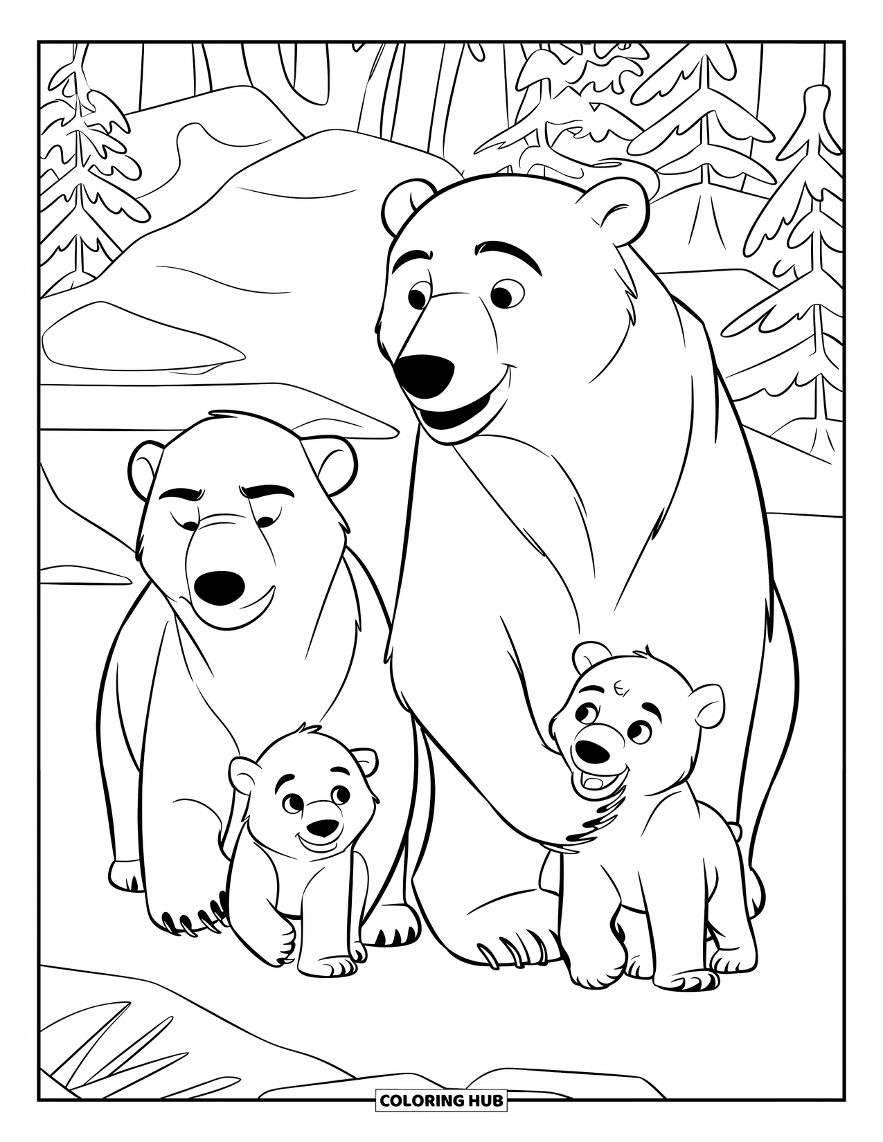 Kolorowanka z niedźwiedziem polarnym dla dzieci: Rodzina niedźwiedzi polarnych idzie przez śnieżny las, a małe niedźwiadki podążają blisko za nimi