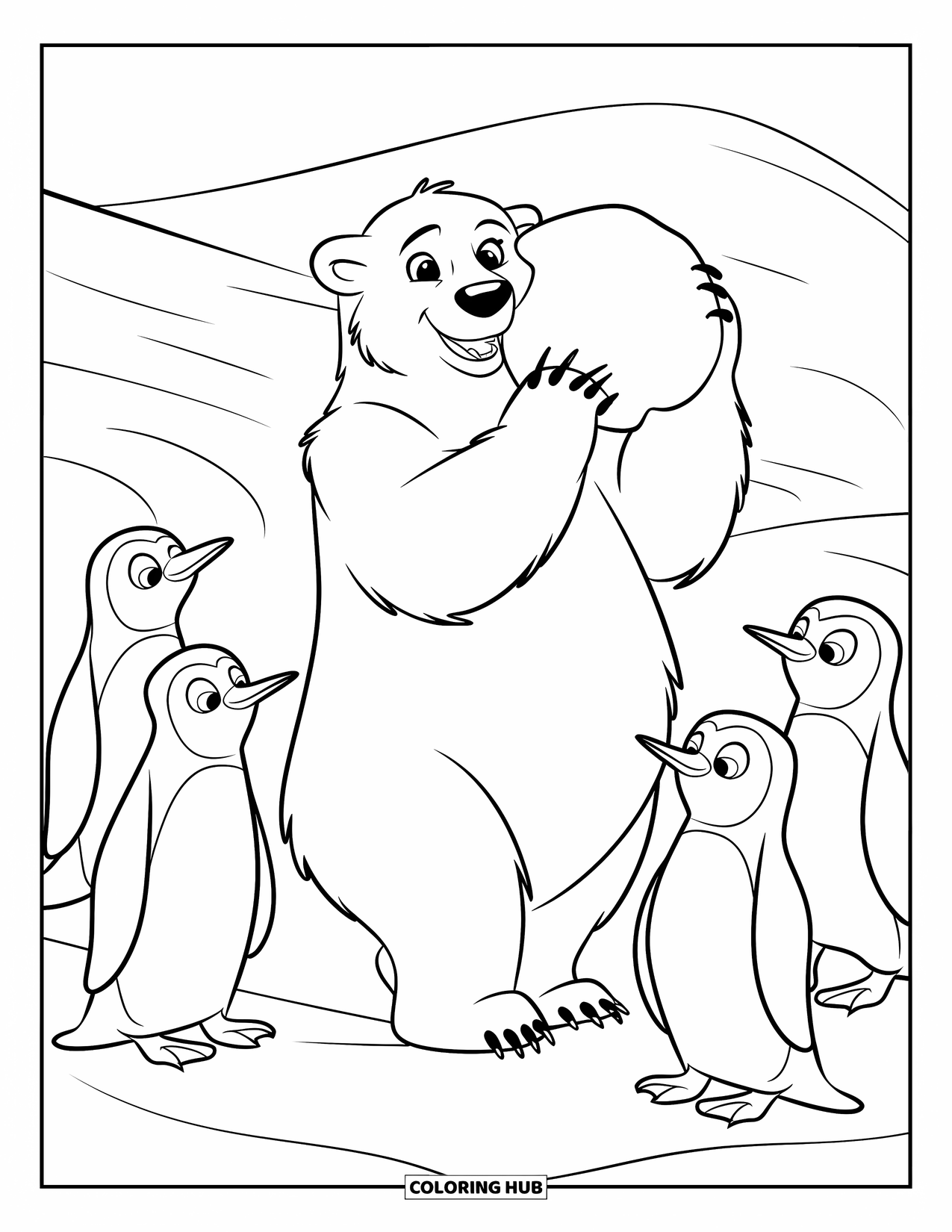 Kolorowanka z niedźwiedziem polarnym dla dzieci: Niedźwiedź polarny trzyma kulę śnieżną, otoczony przez figlarne pingwiny w śniegu