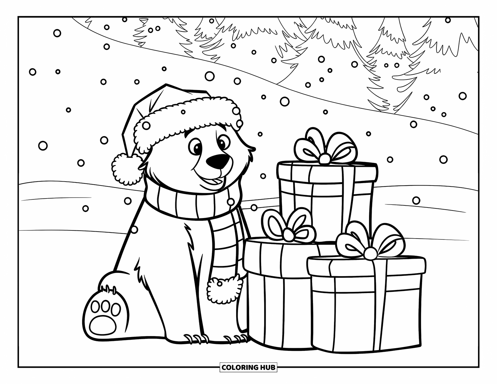 Kolorowanka z niedźwiedziem polarnym dla dzieci: Niedźwiedź polarny w zimowej czapce i szaliku siedzi obok stosu prezentów