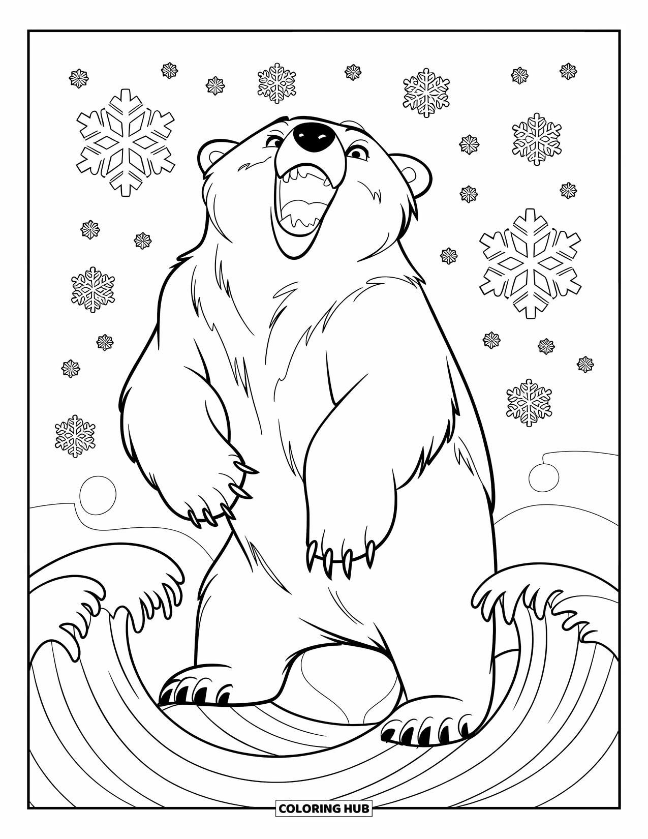 Kolorowanka z niedźwiedziem polarnym dla dzieci: Ryczący niedźwiedź polarny otoczony wirującymi płatkami śniegu i arktycznymi falami