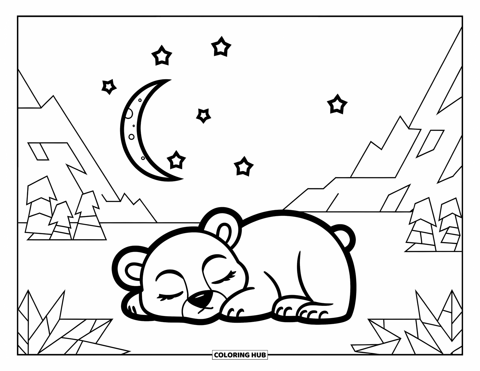Kolorowanka z niedźwiedziem polarnym dla dzieci: Śpiący niedźwiedź polarny drzemiący pod gwiazdami, otoczony delikatną zimową scenerią