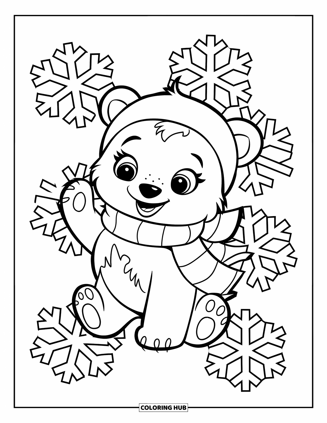 Kolorowanka z niedźwiedziem polarnym dla dzieci: Uśmiechnięty mały niedźwiadek polarny wita machnięciem, otoczony przez dryfujące płatki śniegu