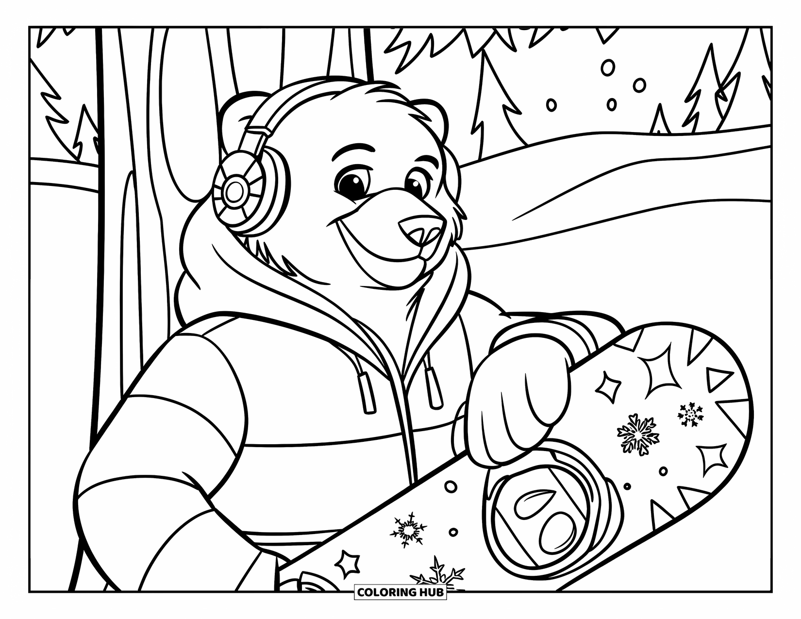 Kolorowanka z niedźwiedziem polarnym dla dzieci: Stylowy niedźwiedź polarny w słuchawkach i zimowej kurtce, trzymający deskę snowboardową