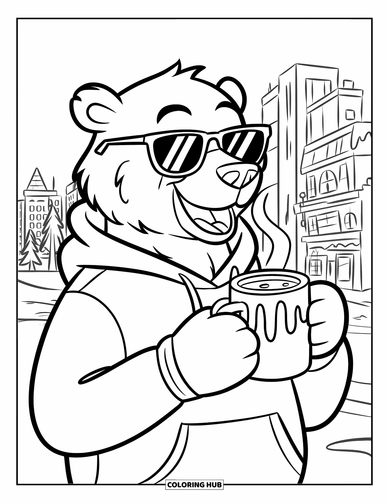Kolorowanka z niedźwiedziem polarnym dla dzieci: Stylowy niedźwiedź polarny w okularach przeciwsłonecznych i bluzie z kapturem, popijający gorące kakao