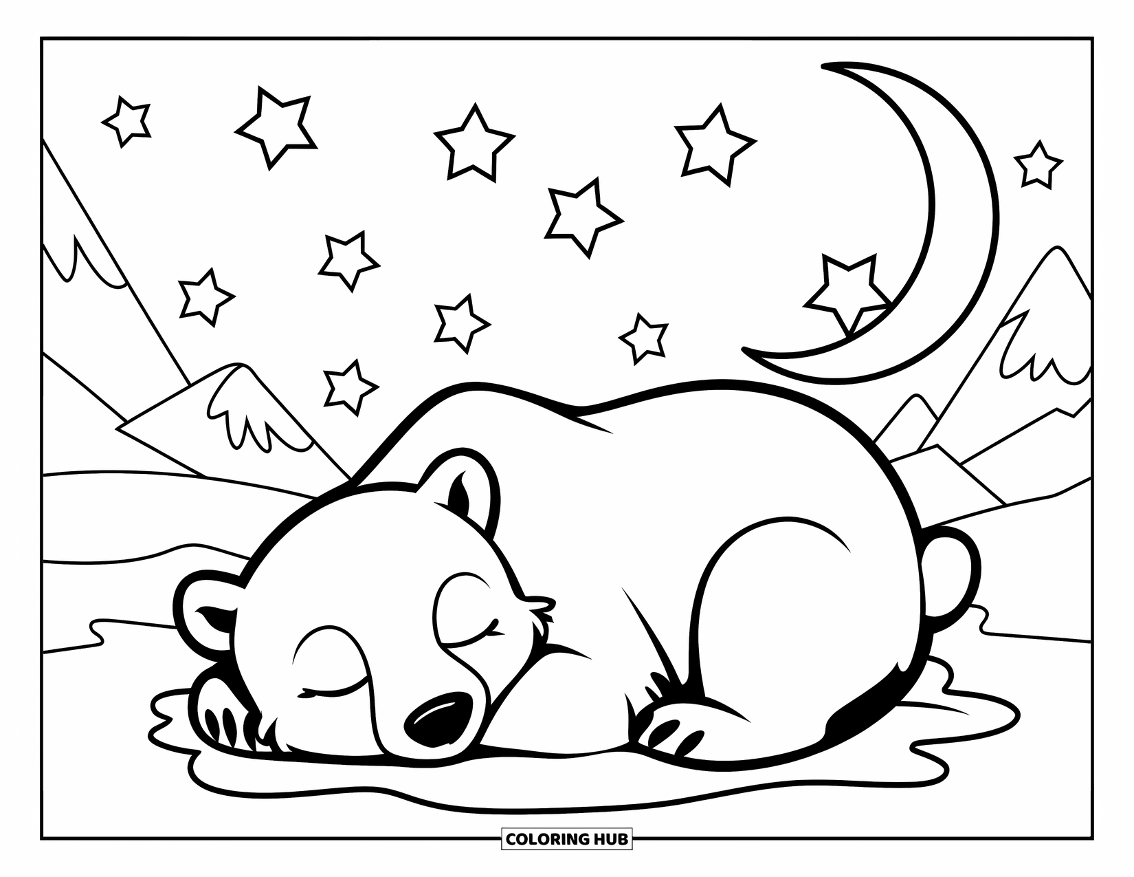 Kolorowanka z niedźwiedziem polarnym dla dzieci: Malutki niedźwiedź polarny odpoczywa pod gwiazdami z górami i drzewami w tle