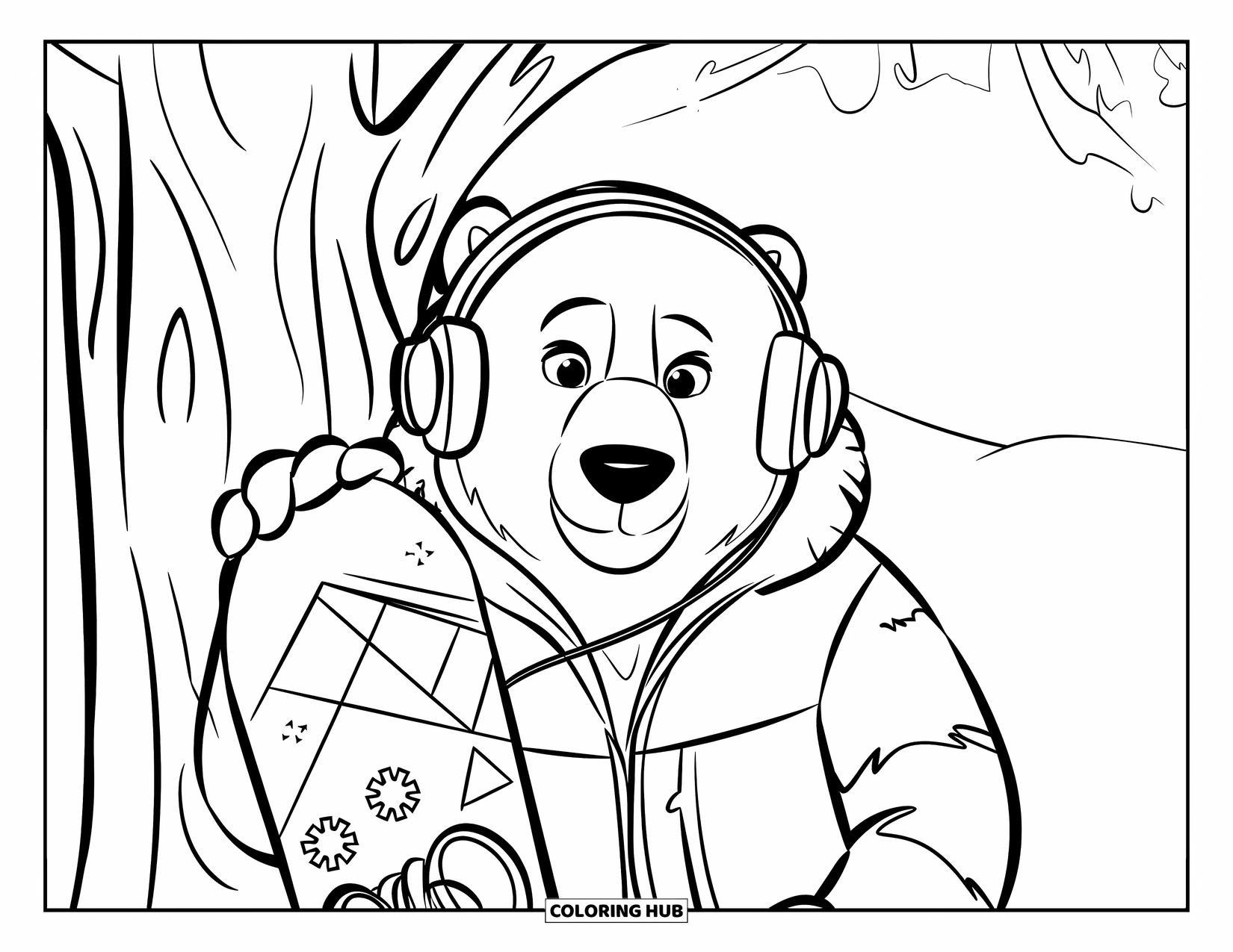 Kolorowanka z niedźwiedziem polarnym dla dzieci: Modny niedźwiedź polarny w okularach przeciwsłonecznych i z deską snowboardową, stojący w śnieżnym lesie