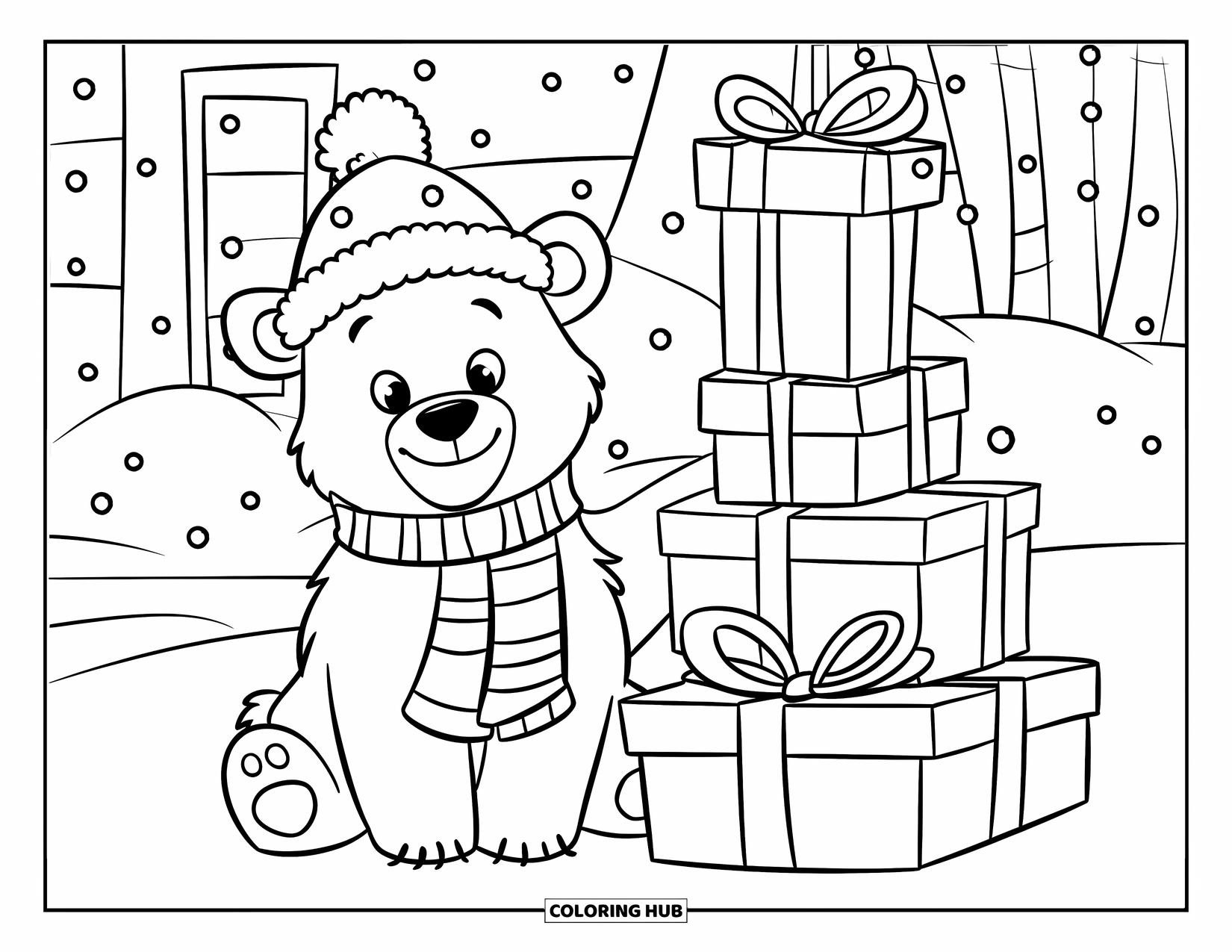 Kolorowanka z niedźwiedziem polarnym dla dzieci: Ciepły i radosny niedźwiedź polarny relaksuje się przy stosie prezentów, gdy padają płatki śniegu