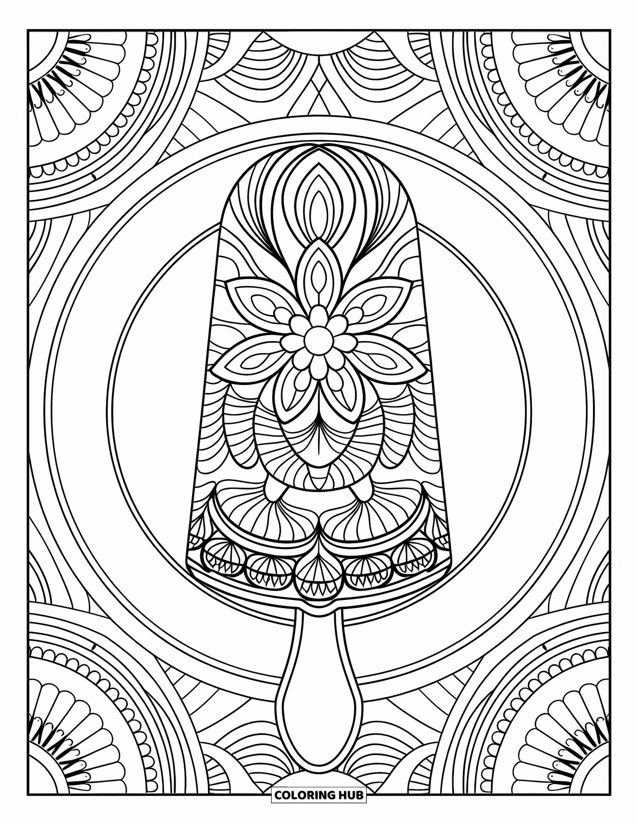 Kleurplaat van een ijslolly voor volwassenen: Een prachtig gedessineerde ijslolly met ingewikkelde mandala-ontwerpen en een decoratief bord
