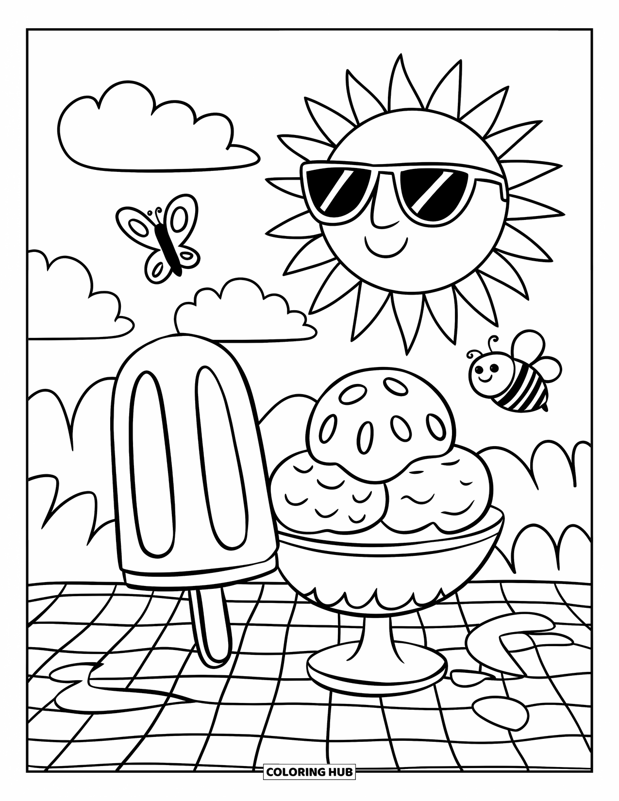 Kleurplaat van een ijslolly voor volwassenen: Een vrolijke ijslolly en ijscoupe die samen een leuke picknick houden onder een lachende zon