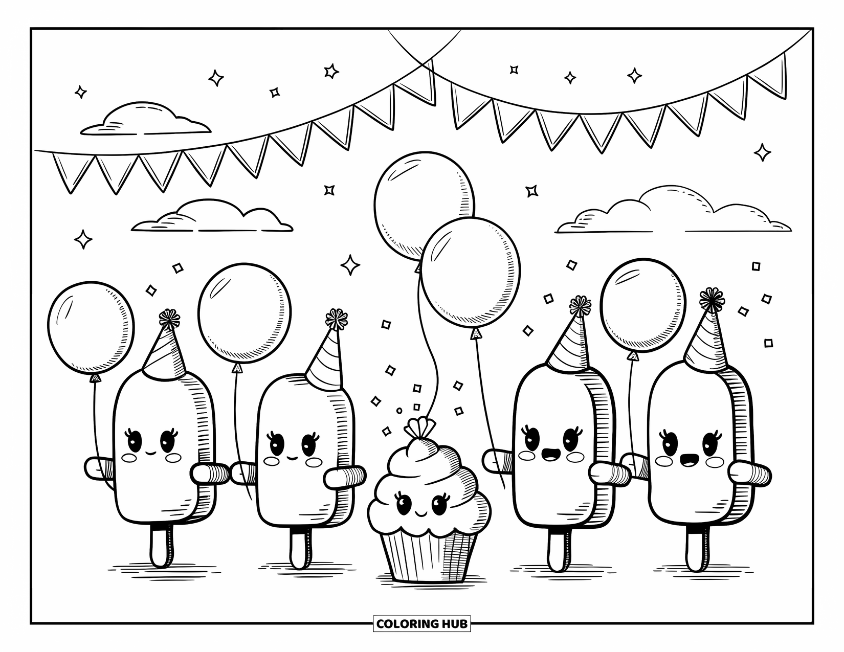 Kleurplaat van een ijslolly voor volwassenen: Een vrolijke ijslollyparade onder leiding van een lachende cupcake, met feestelijke vlaggetjes in de lucht