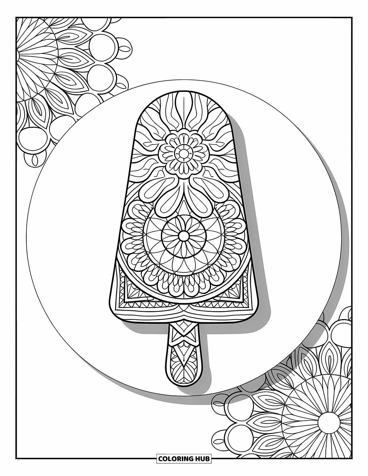 Kleurplaat van een ijslolly voor volwassenen: Een gedetailleerde ijslolly met mandala-patronen, omringd door artistieke geometrische ontwerpen