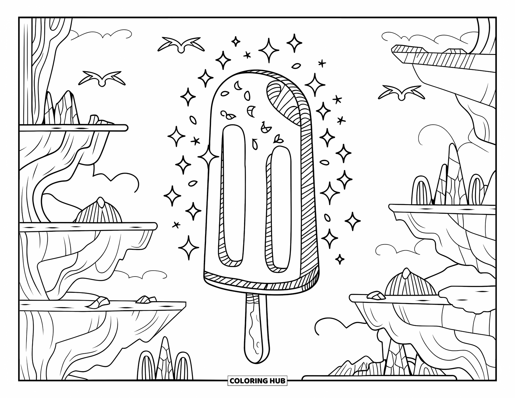 Kleurplaat van een ijslolly voor volwassenen: Een dromerige ijslolly in een drijvend eilandenbos met zwevende mystieke vogels