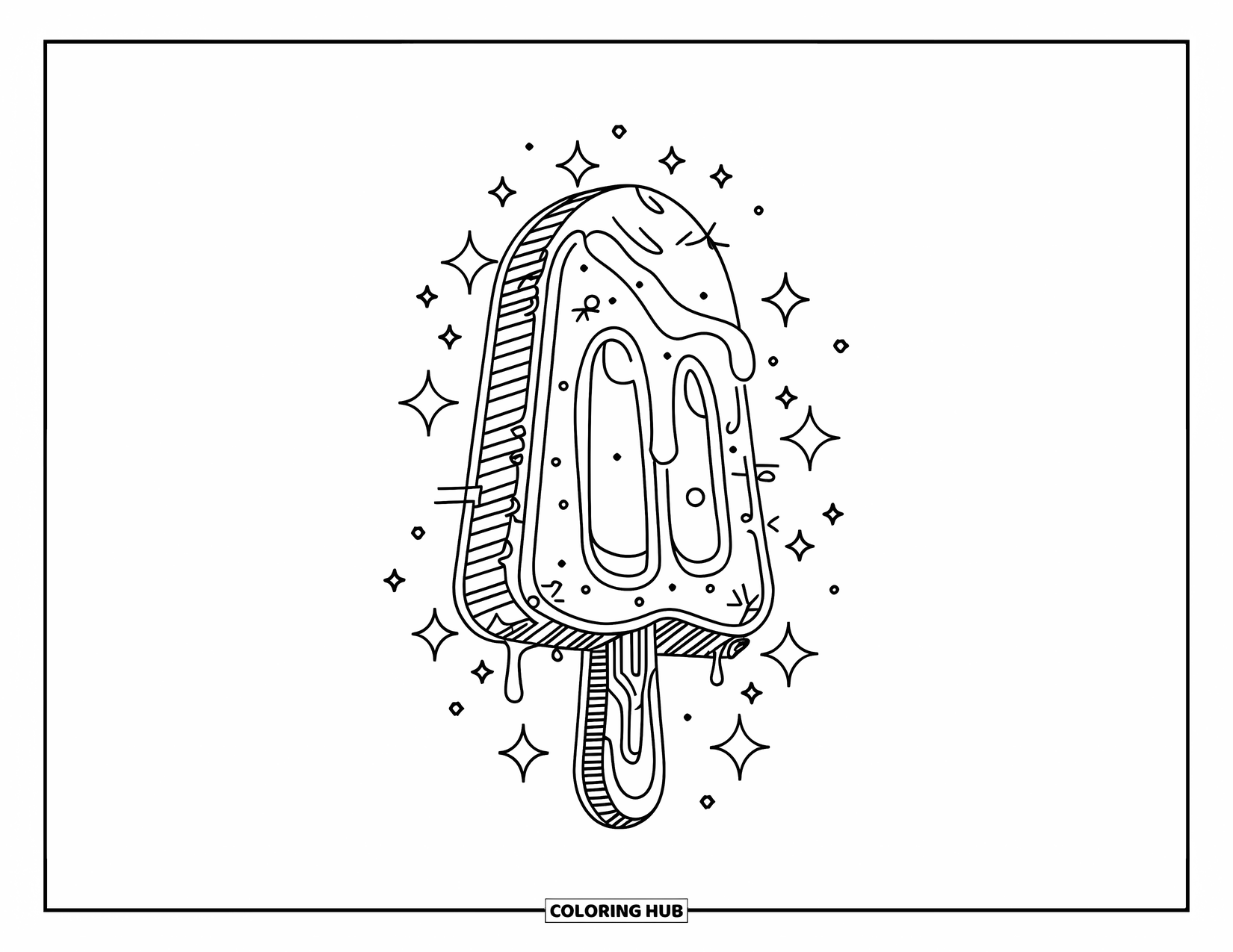 Kleurplaat van een ijslolly voor volwassenen: Een op fantasie geïnspireerde ijslolly omringd door kleine magische vonkjes in een droomachtige scène