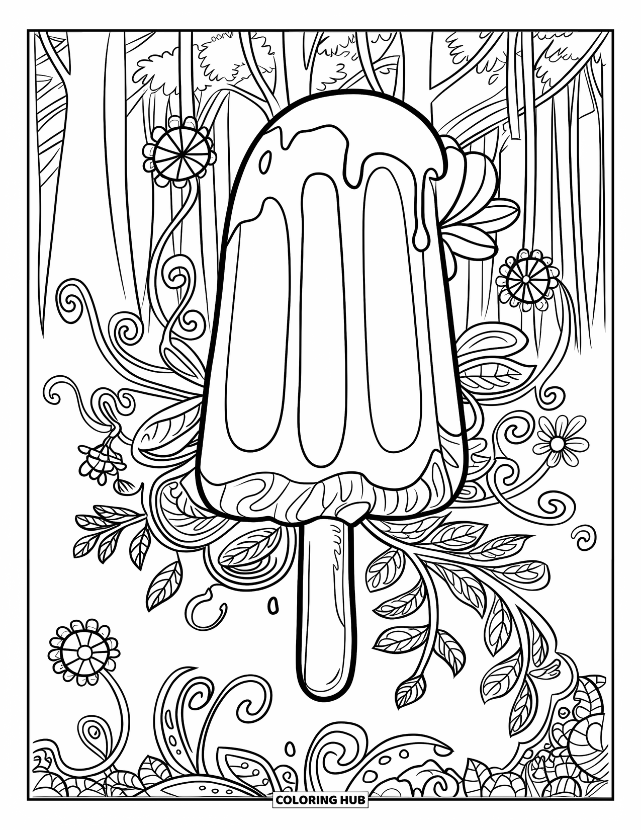 Kleurplaat van een ijslolly voor volwassenen: Een bloemvormige ijslolly die smelt in delicate ranken en bloesems in een weelderig bos