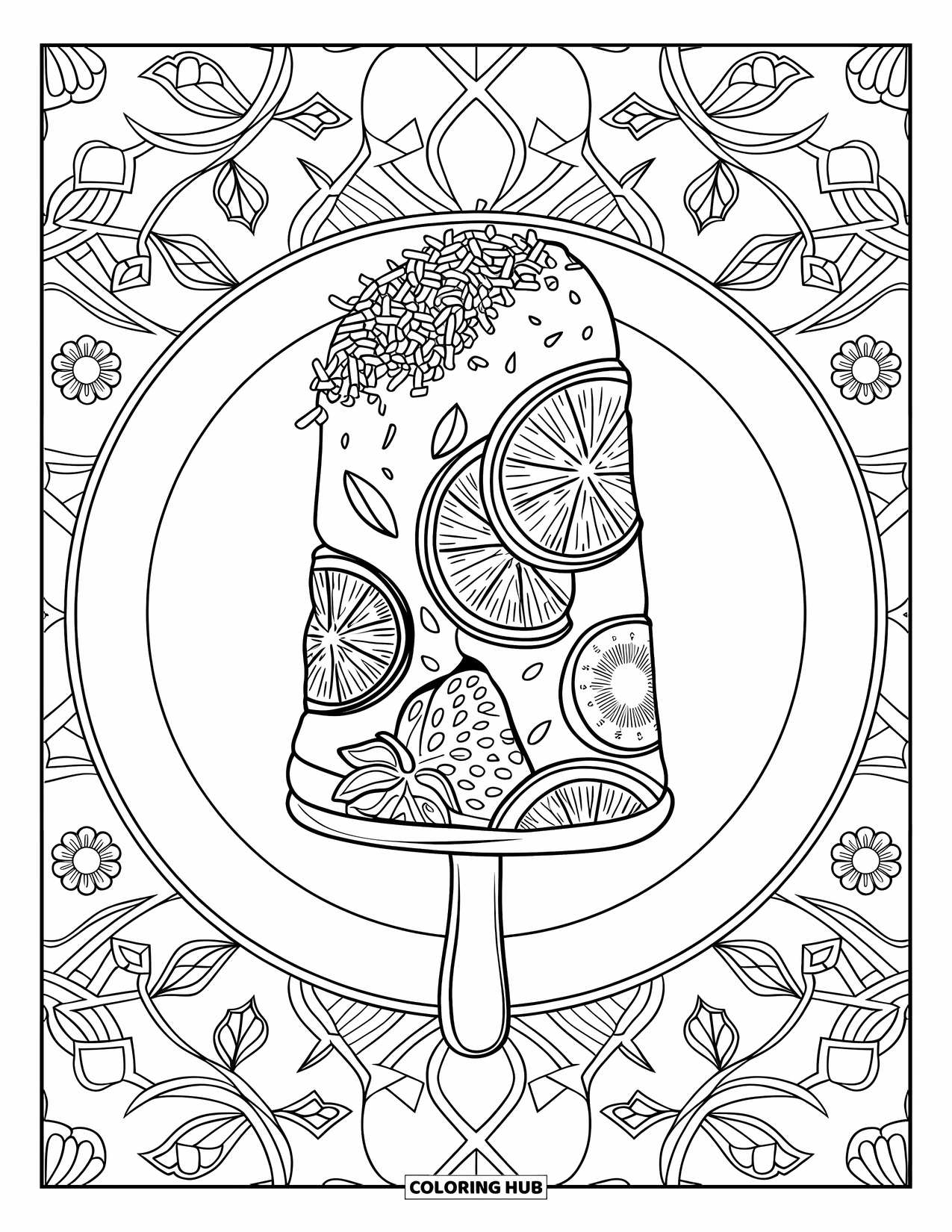 Kleurplaat van een ijslolly voor volwassenen: Een fruitijsje met kokosrasp, rustend op een bord met bloemmotieven