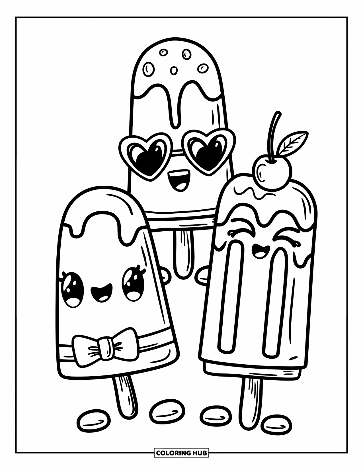 Kleurplaat van een ijslolly voor volwassenen: Een vrolijke ijslollytoren met een hartvormige zonnebril, een vlinderdas en veel gegiechel