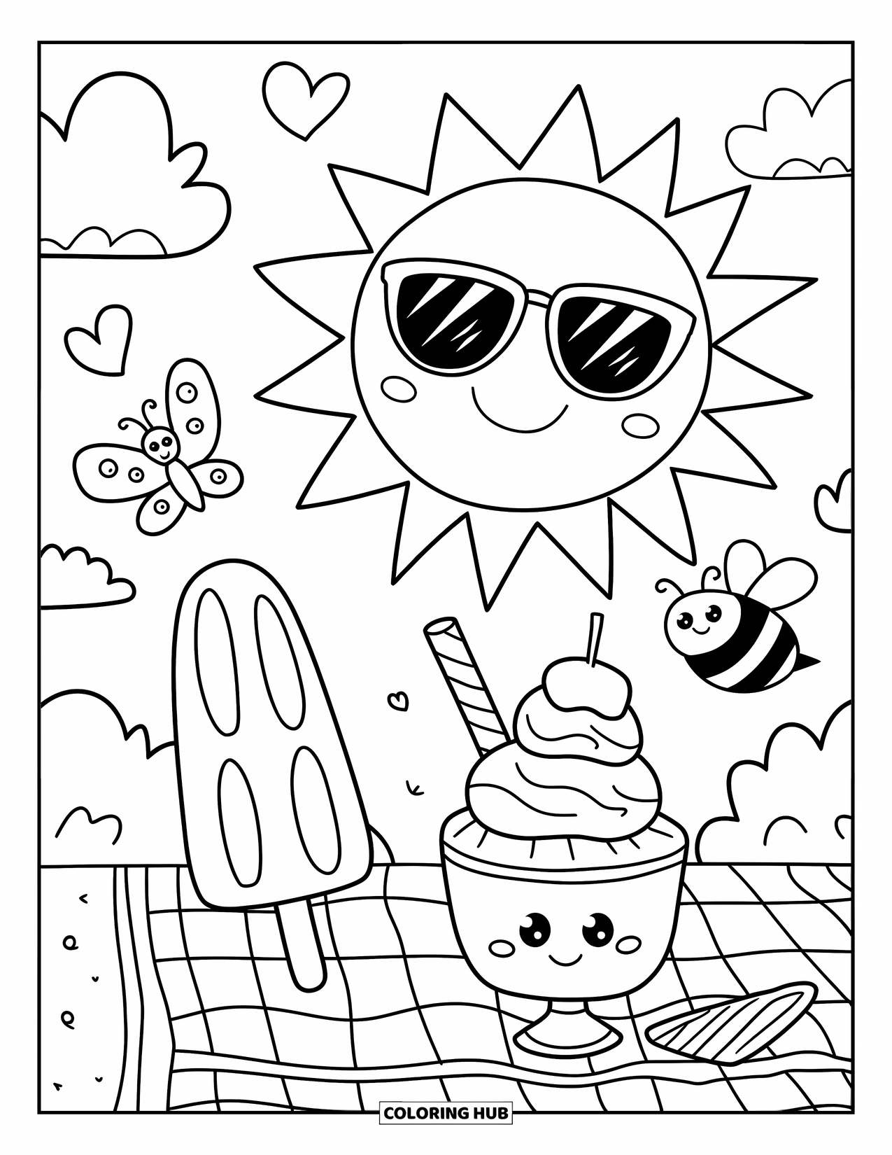 Kleurplaat van een ijslolly voor volwassenen: Een vrolijke ijslolly en ijscoupe die onder een hartvormige wolk zitten met zoemende bijen in de buurt