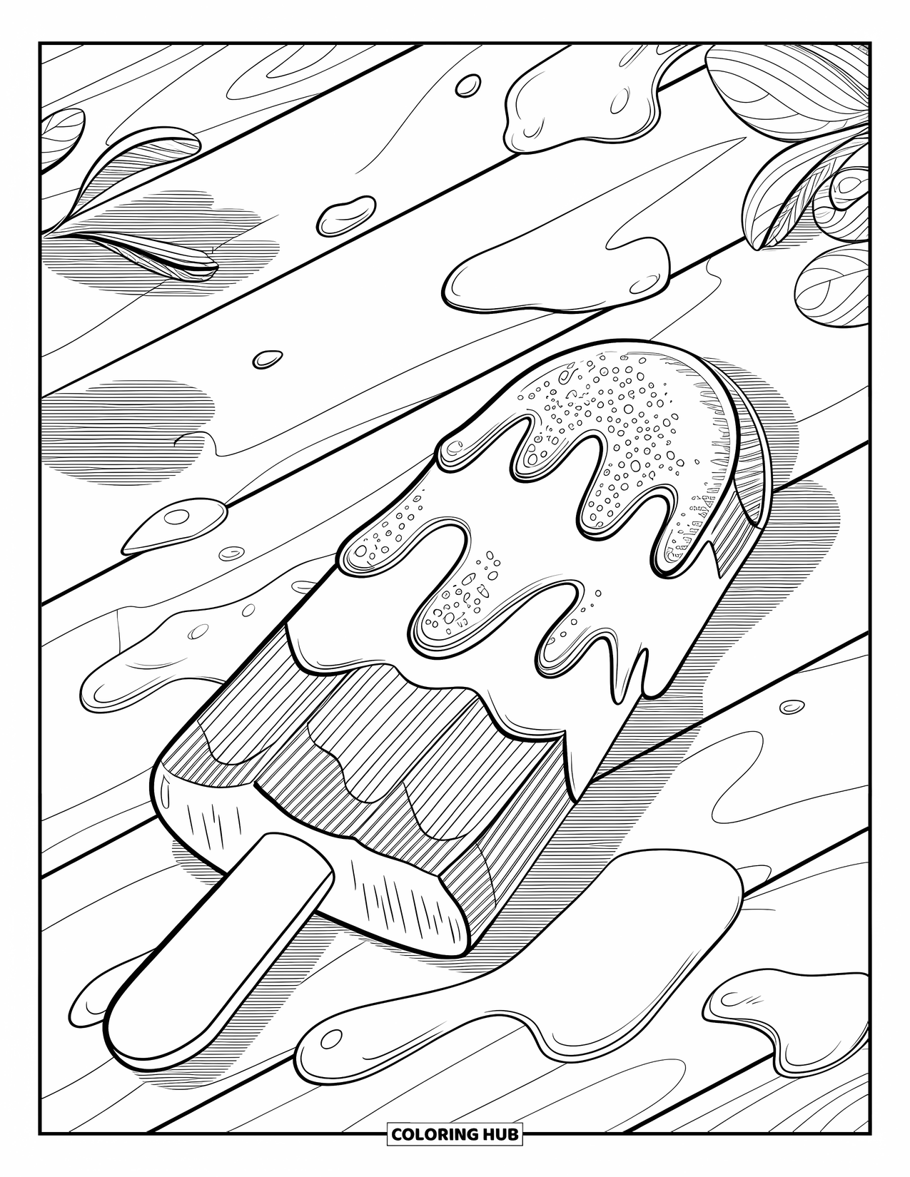 Kleurplaat van een ijslolly voor volwassenen: Een zeer gedetailleerde ijslolly met realistische texturen, rustend op een houten oppervlak