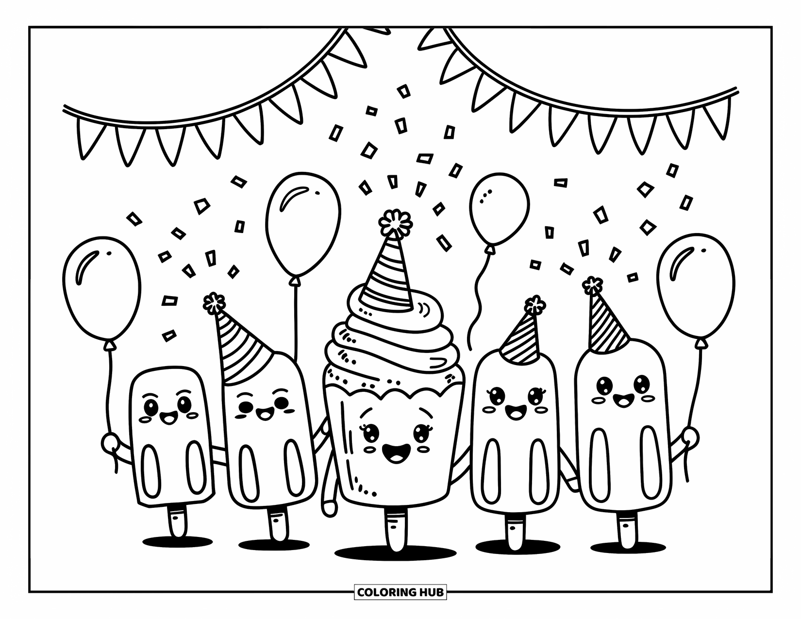 Kleurplaat van een ijslolly voor volwassenen: Een vrolijke parade van blije ijslolly's met ballonnen, feesthoedjes en confetti