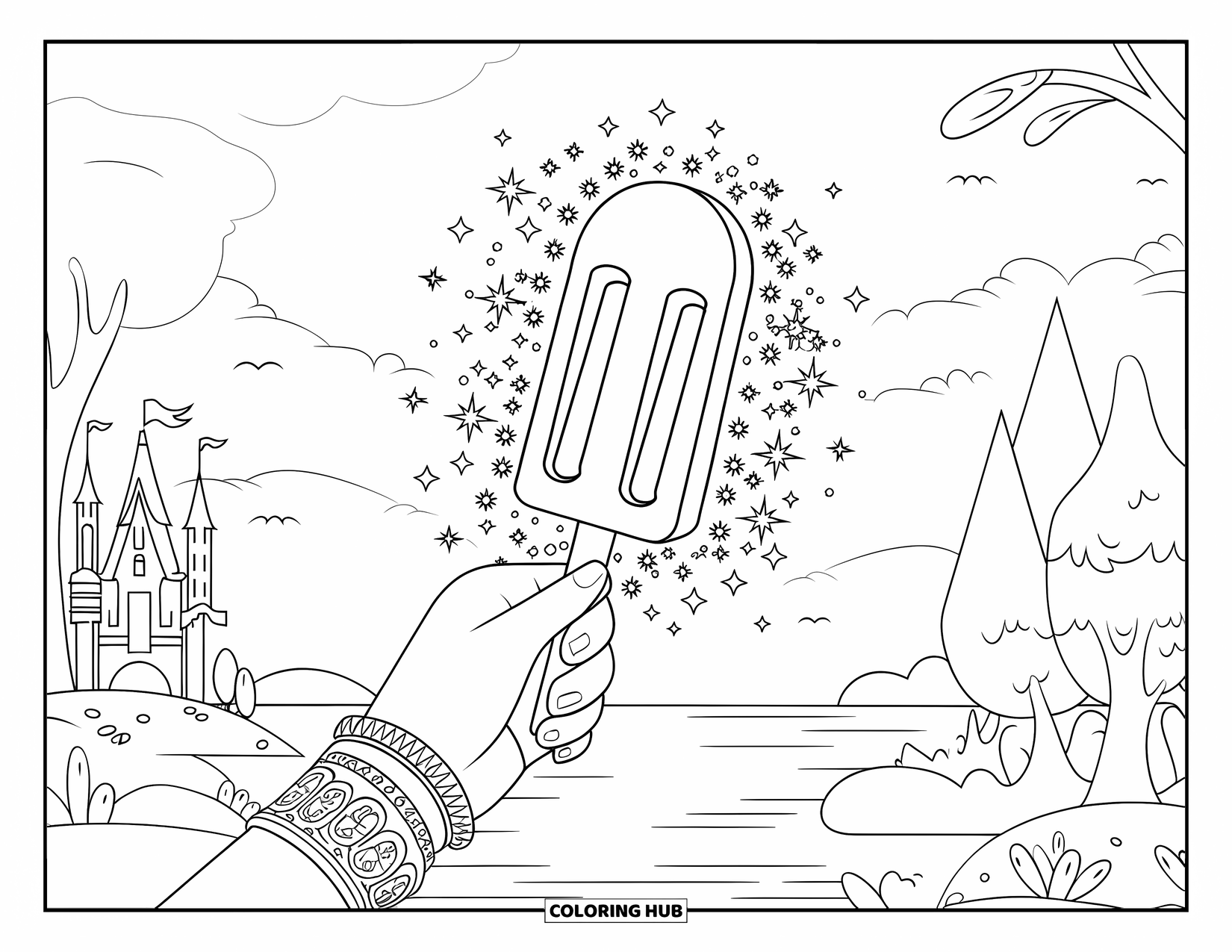 Kleurplaat van een ijslolly voor volwassenen: Een magische ijslolly met zwevende vonkjes, tegen een kasteel en een sereen landschap