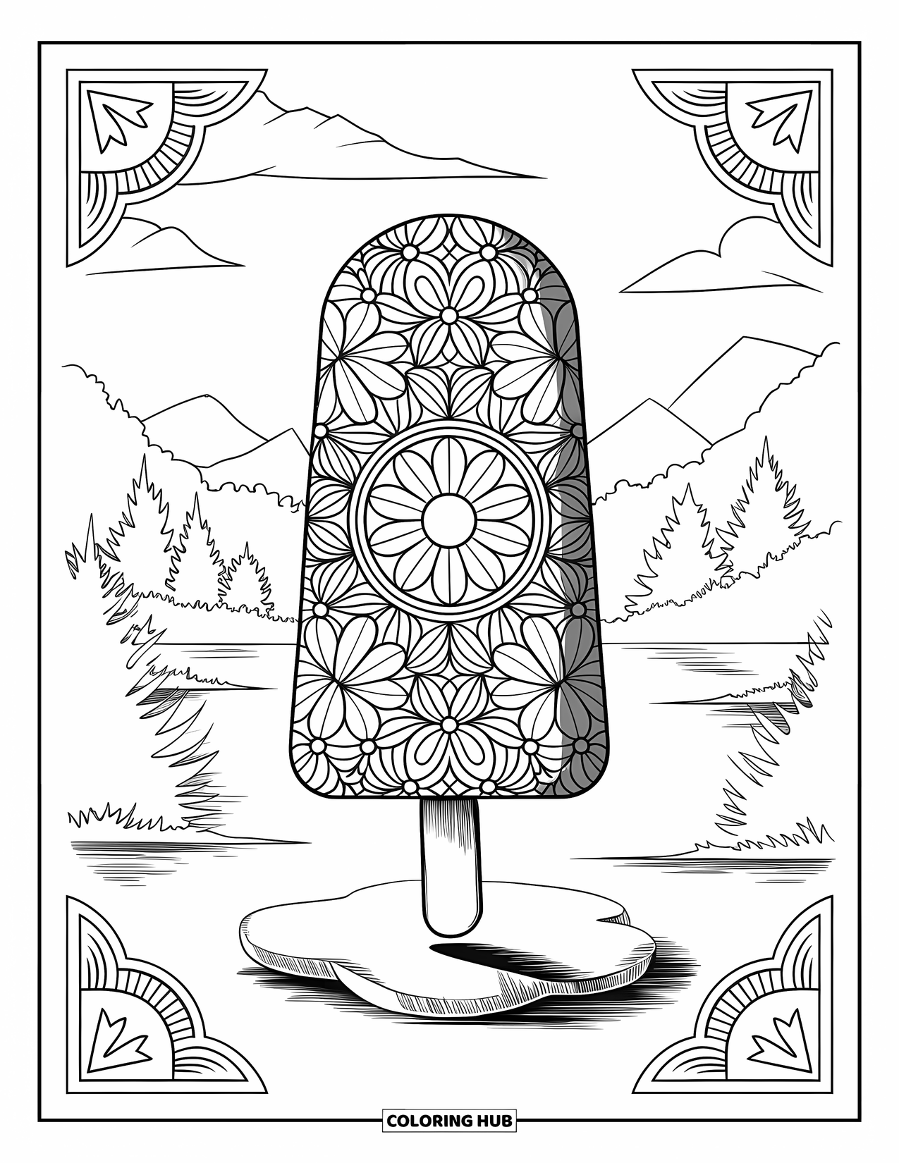 Kleurplaat van een ijslolly voor volwassenen: Een mandala-geïnspireerde ijslolly die op een steen rust, gelegen in een rustige natuurscène