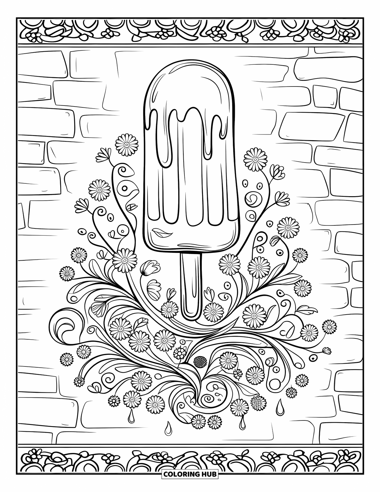Kleurplaat van een ijslolly voor volwassenen: Een smeltende ijslolly die overgaat in bloemmotieven tegen een getextureerde bakstenen muur